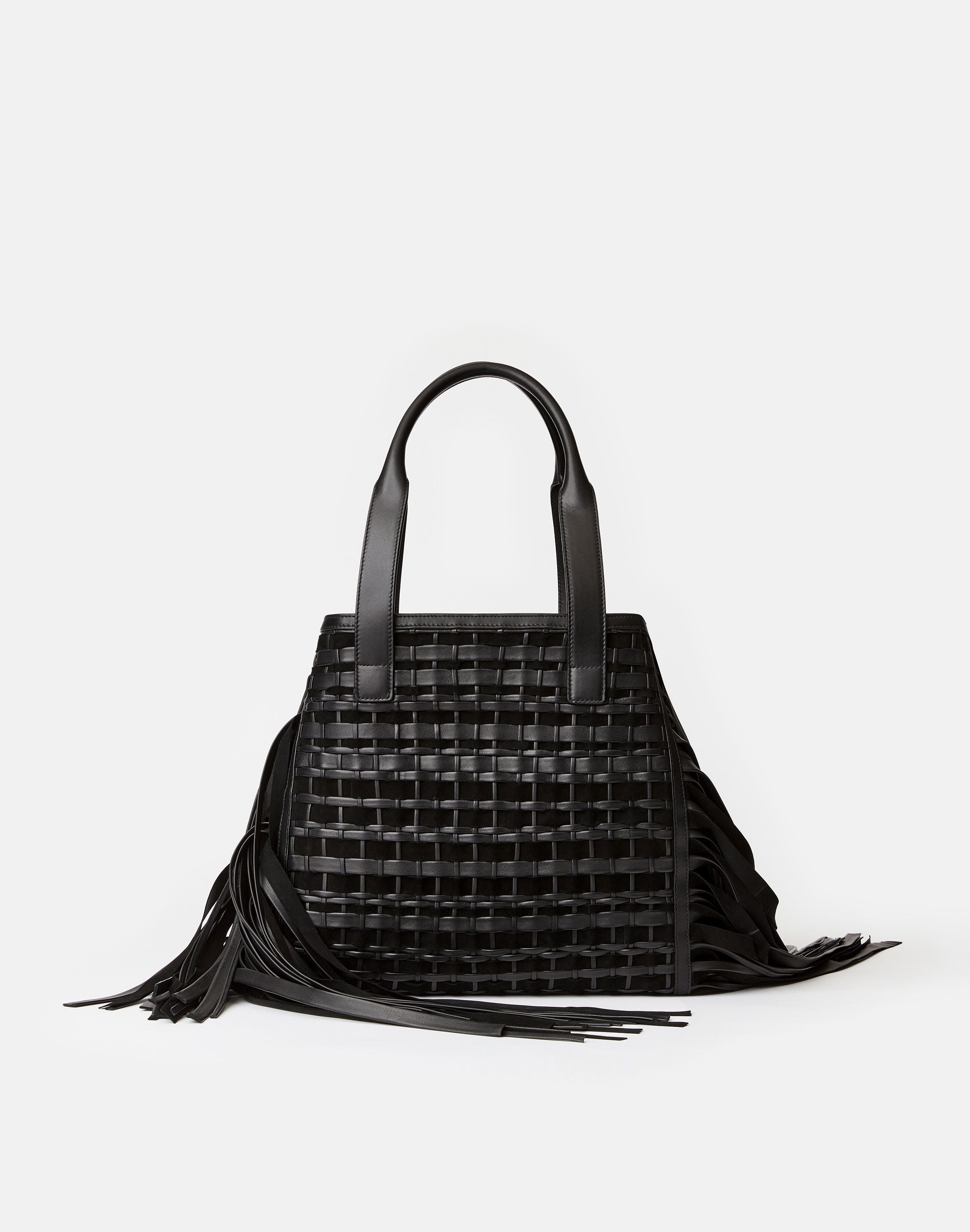 Handwoven Fringe Leather & Suede L Tote—Small
