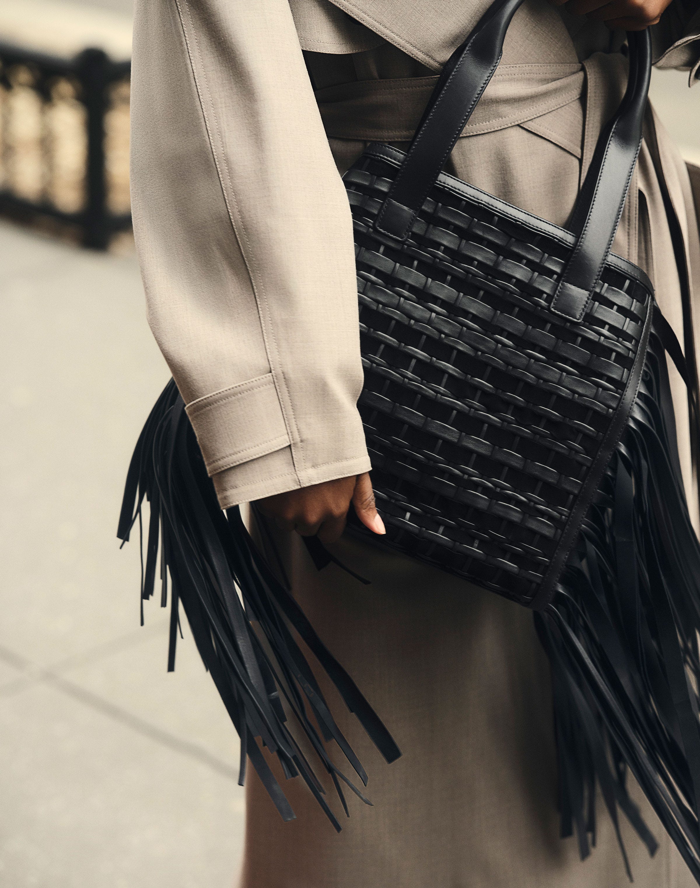 Handwoven Fringe Leather & Suede L Tote—Small