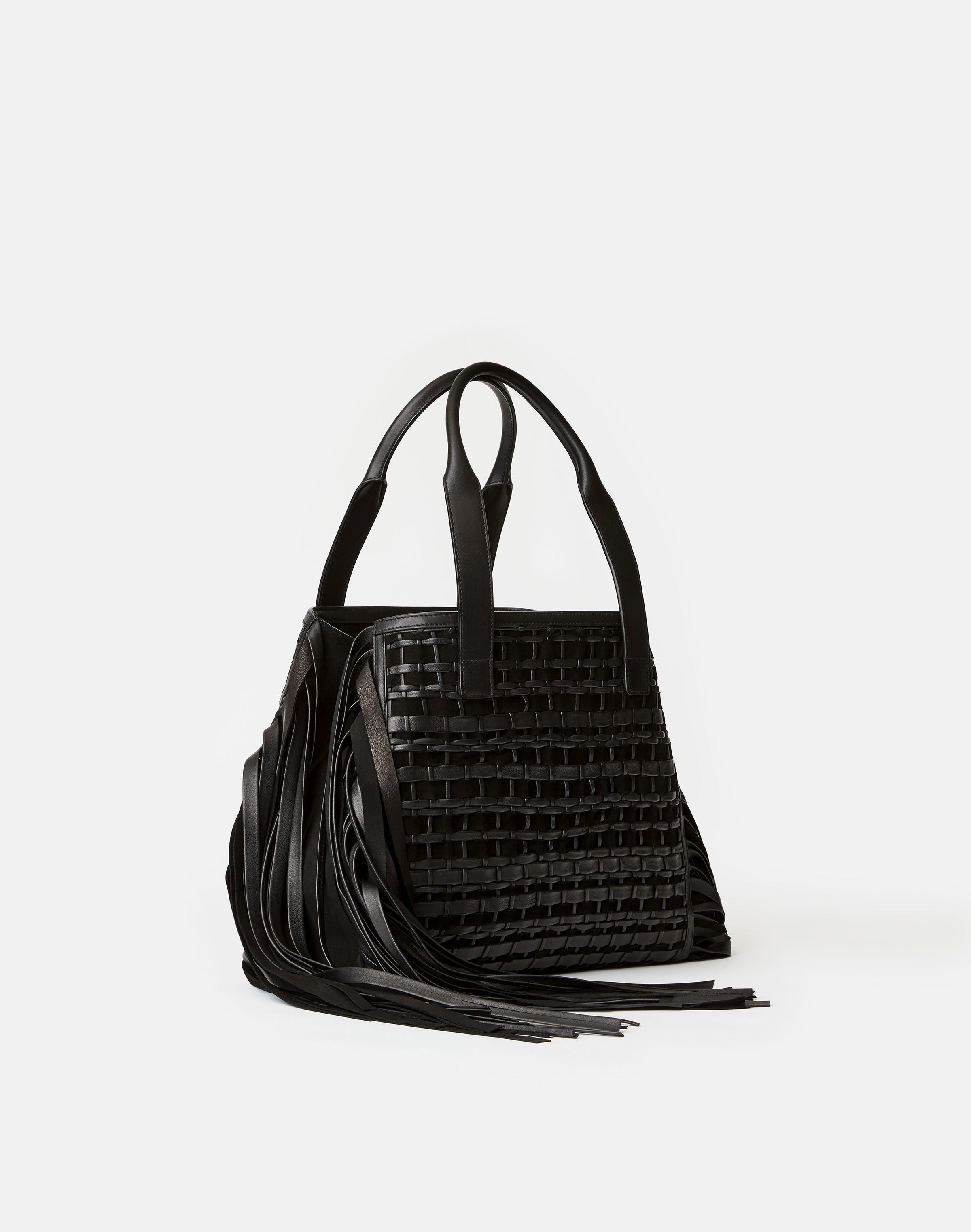 Handwoven Fringe Leather & Suede L Tote—Small