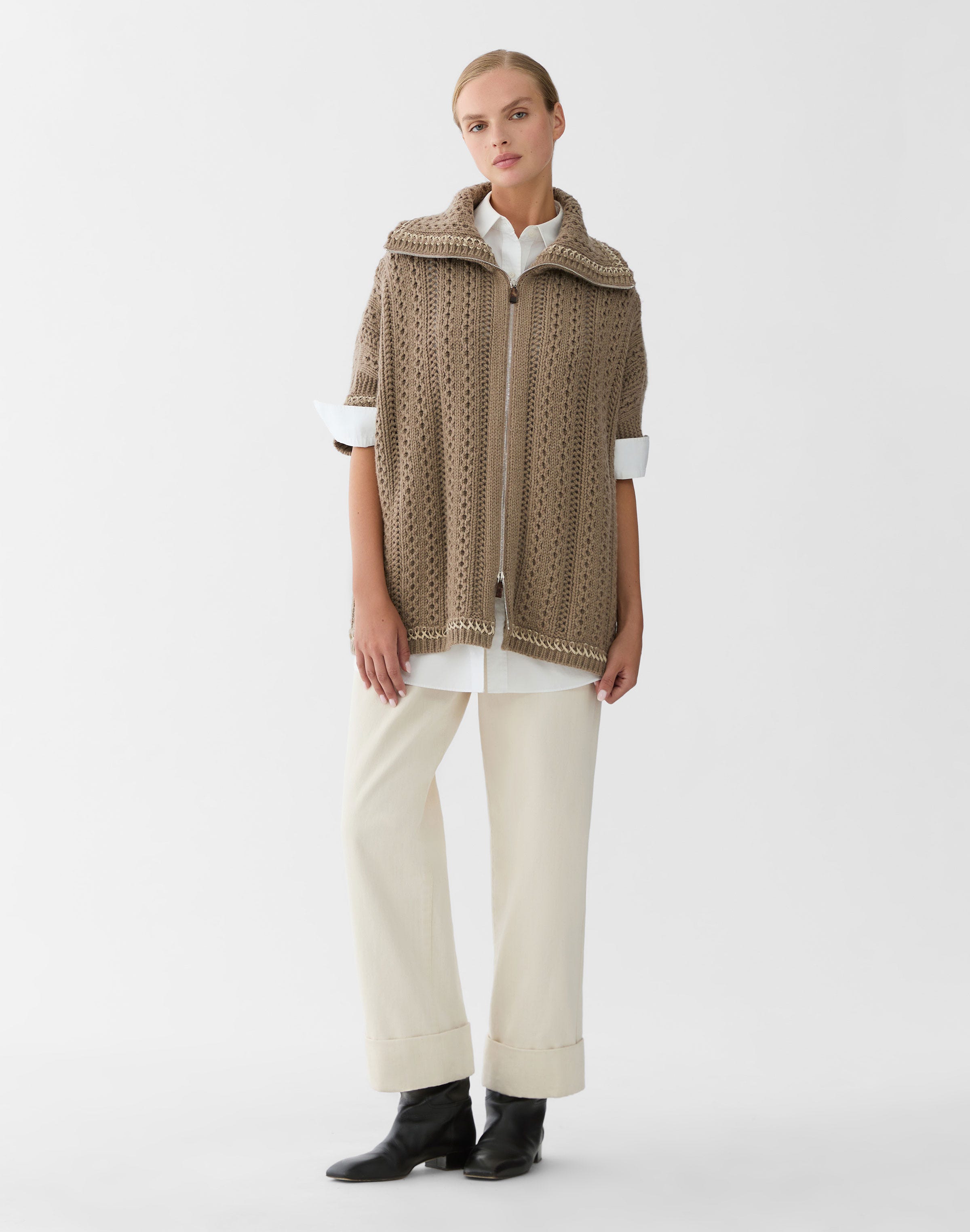 Wool-Cashmere Hand Embroidered Knit Poncho