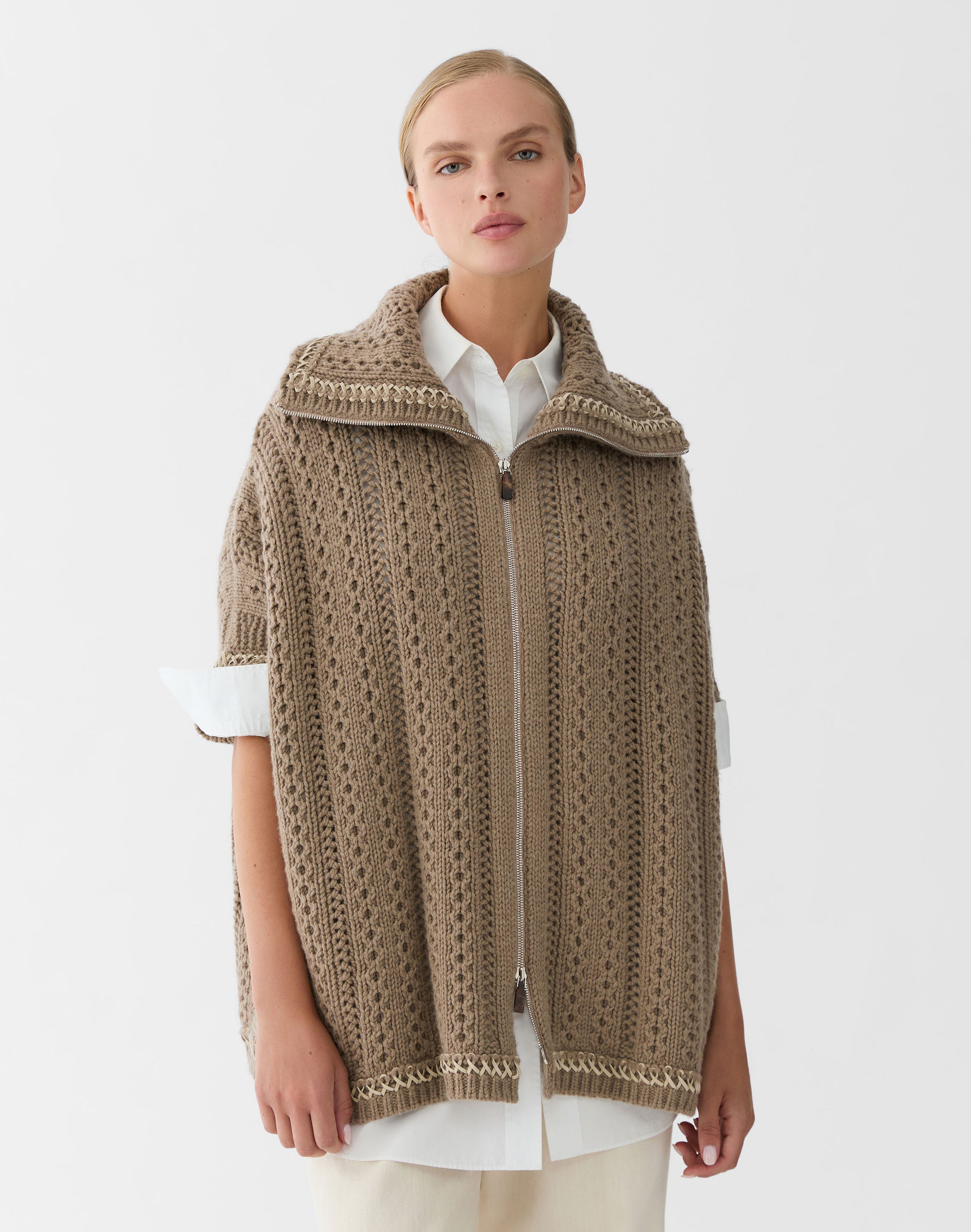 Wool-Cashmere Hand Embroidered Knit Poncho