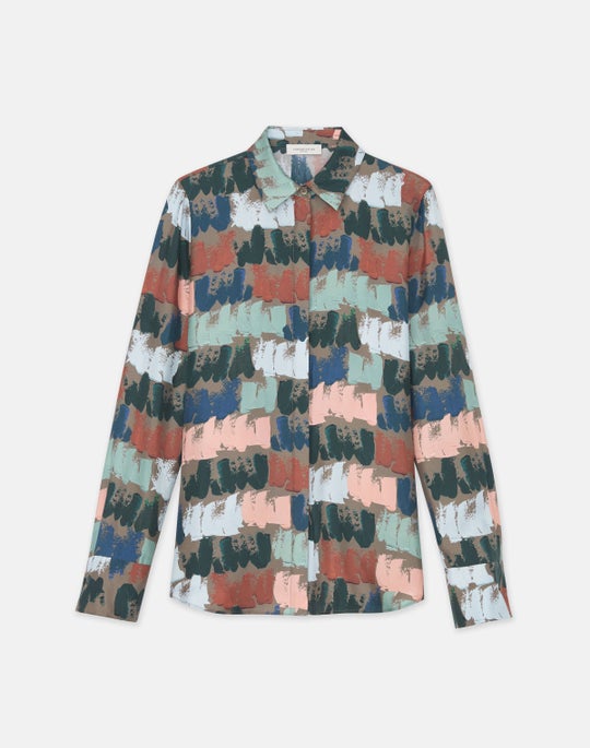 Painter's Palette Print Silk Twill Button Blouse