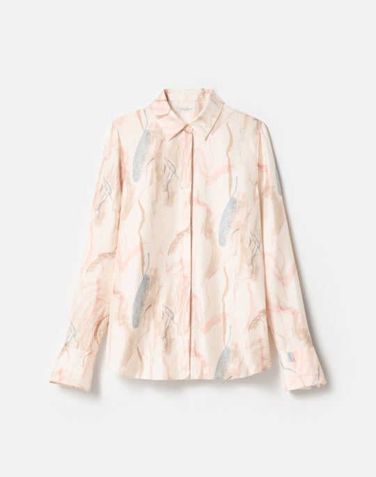 Gesture Print Silk Twill Button Blouse