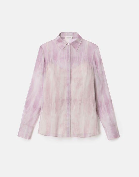 Washed Glaze Print Silk Crépon Button Blouse