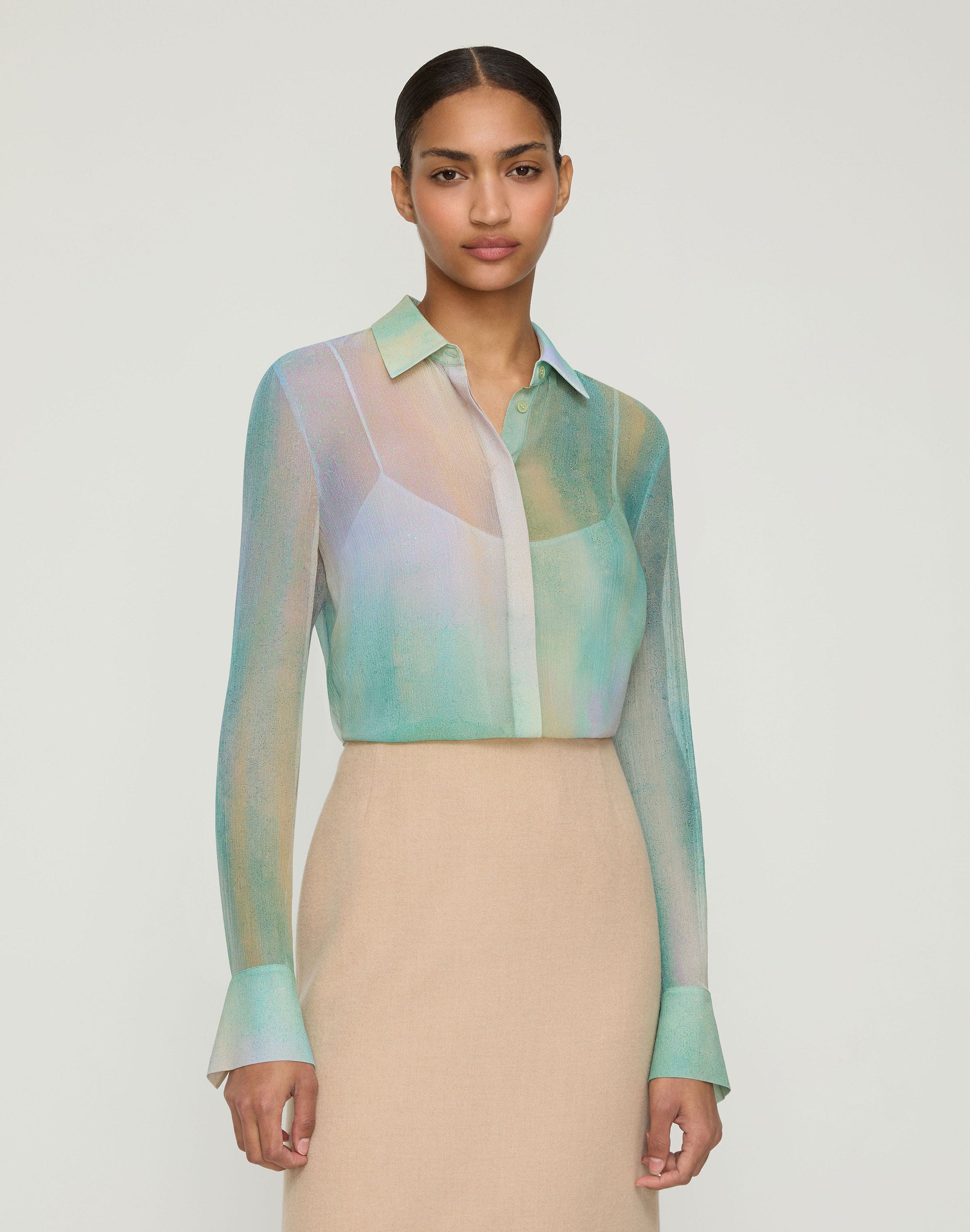 Aurora Print Silk Crépon Button Blouse