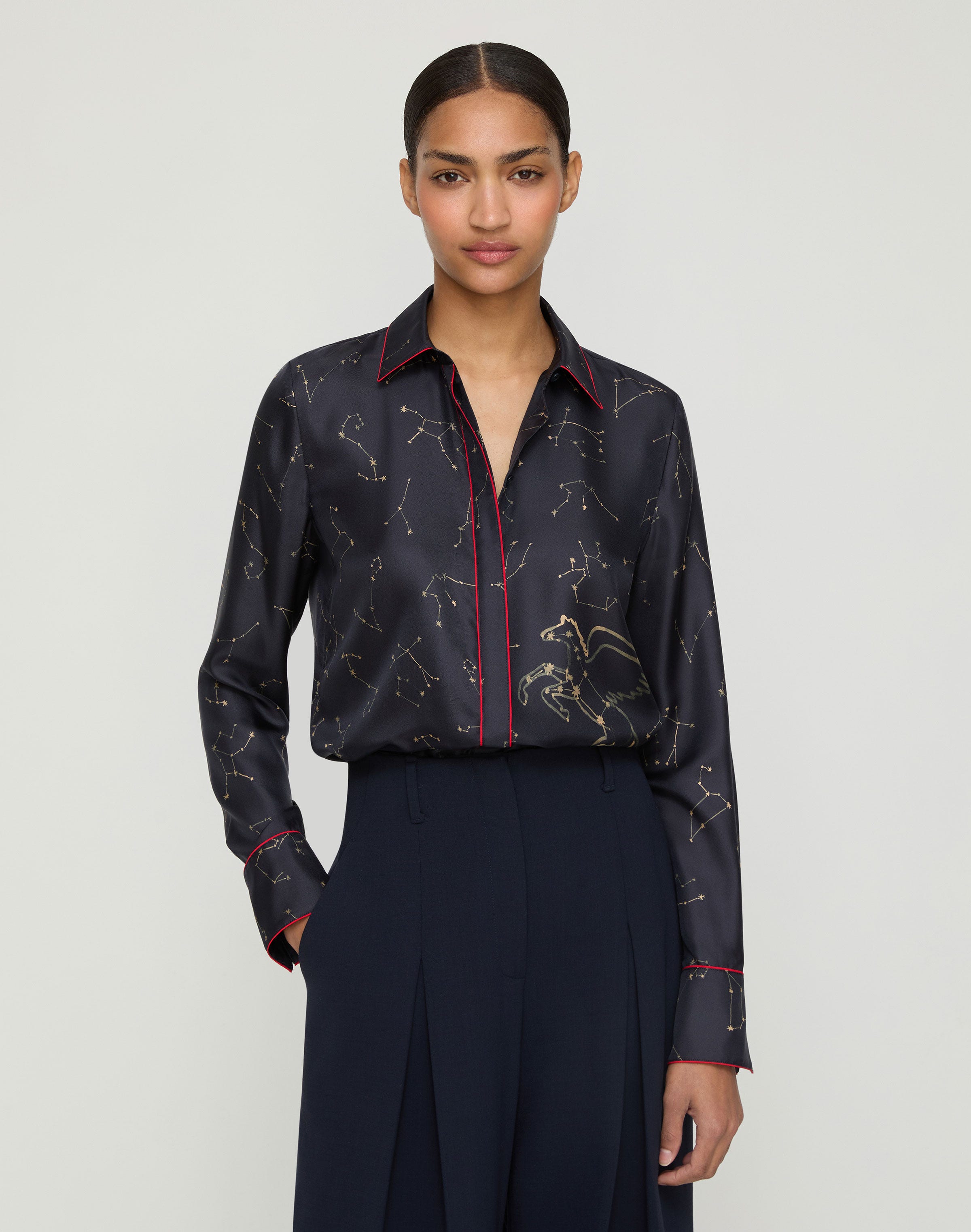 Plus-Size Constellation Print Silk Twill Button Blouse