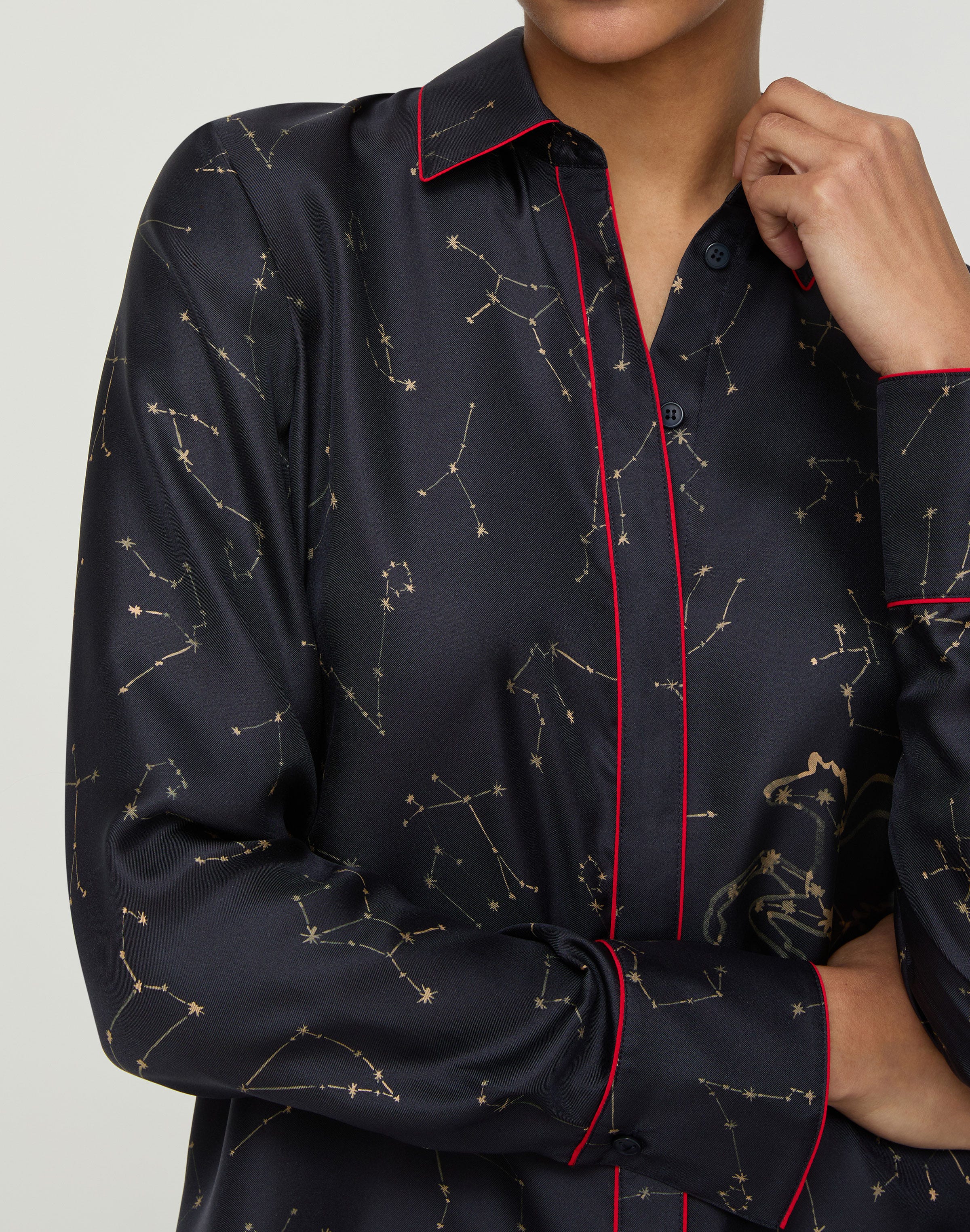 Plus-Size Constellation Print Silk Twill Button Blouse