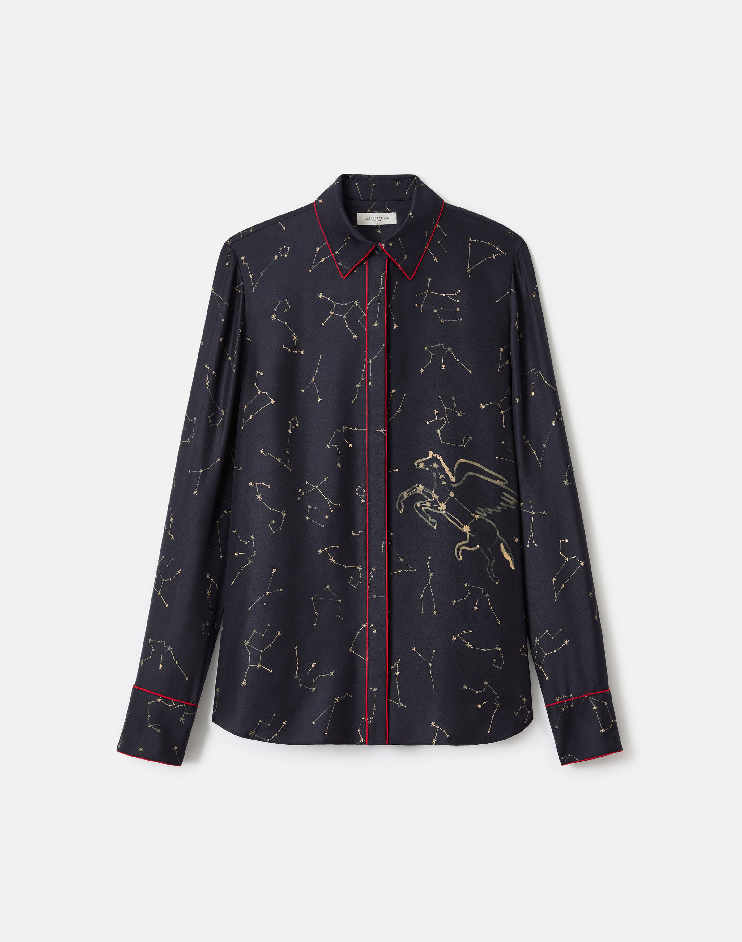 Plus-Size Constellation Print Silk Twill Button Blouse