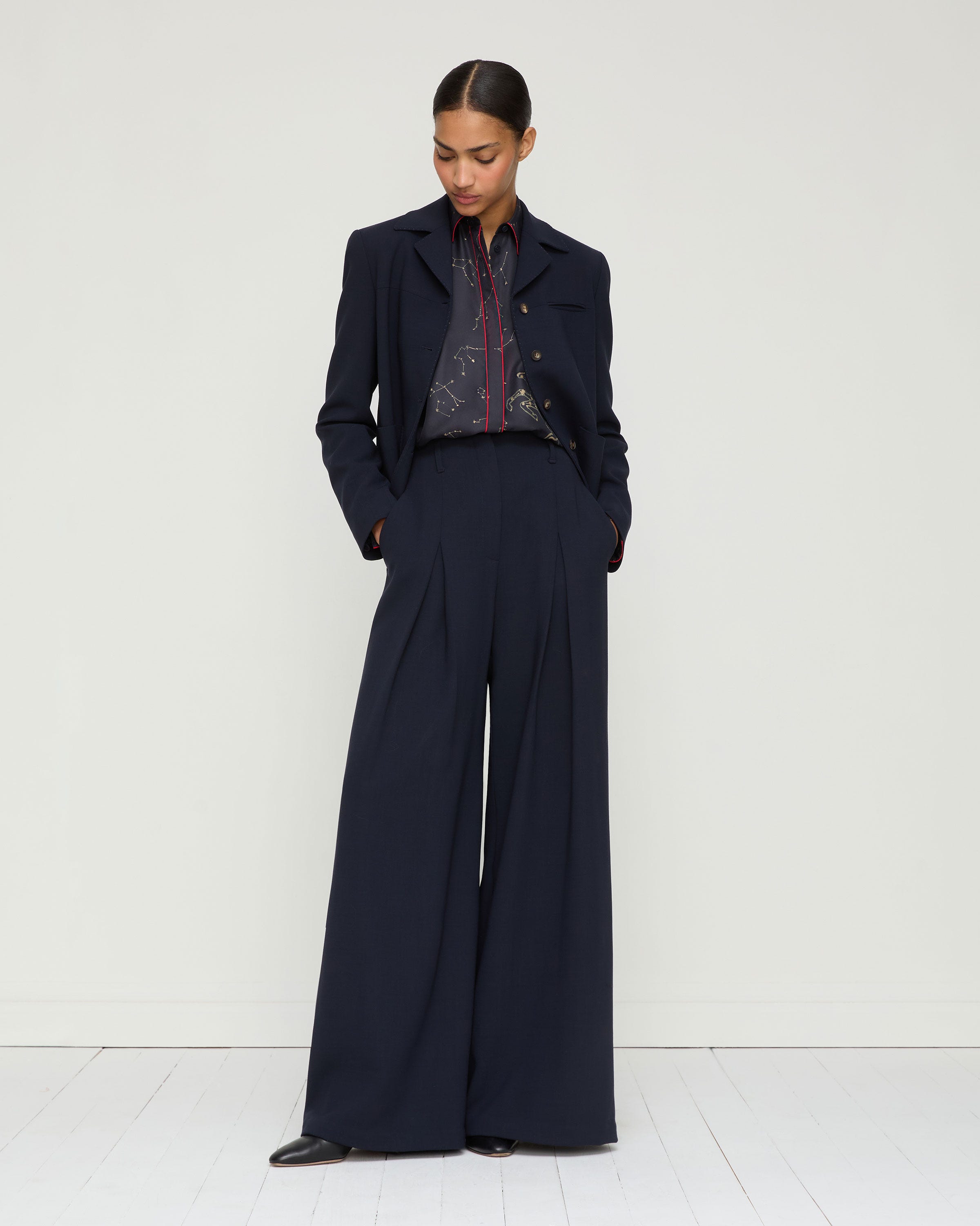 Plus-Size Constellation Print Silk Twill Button Blouse