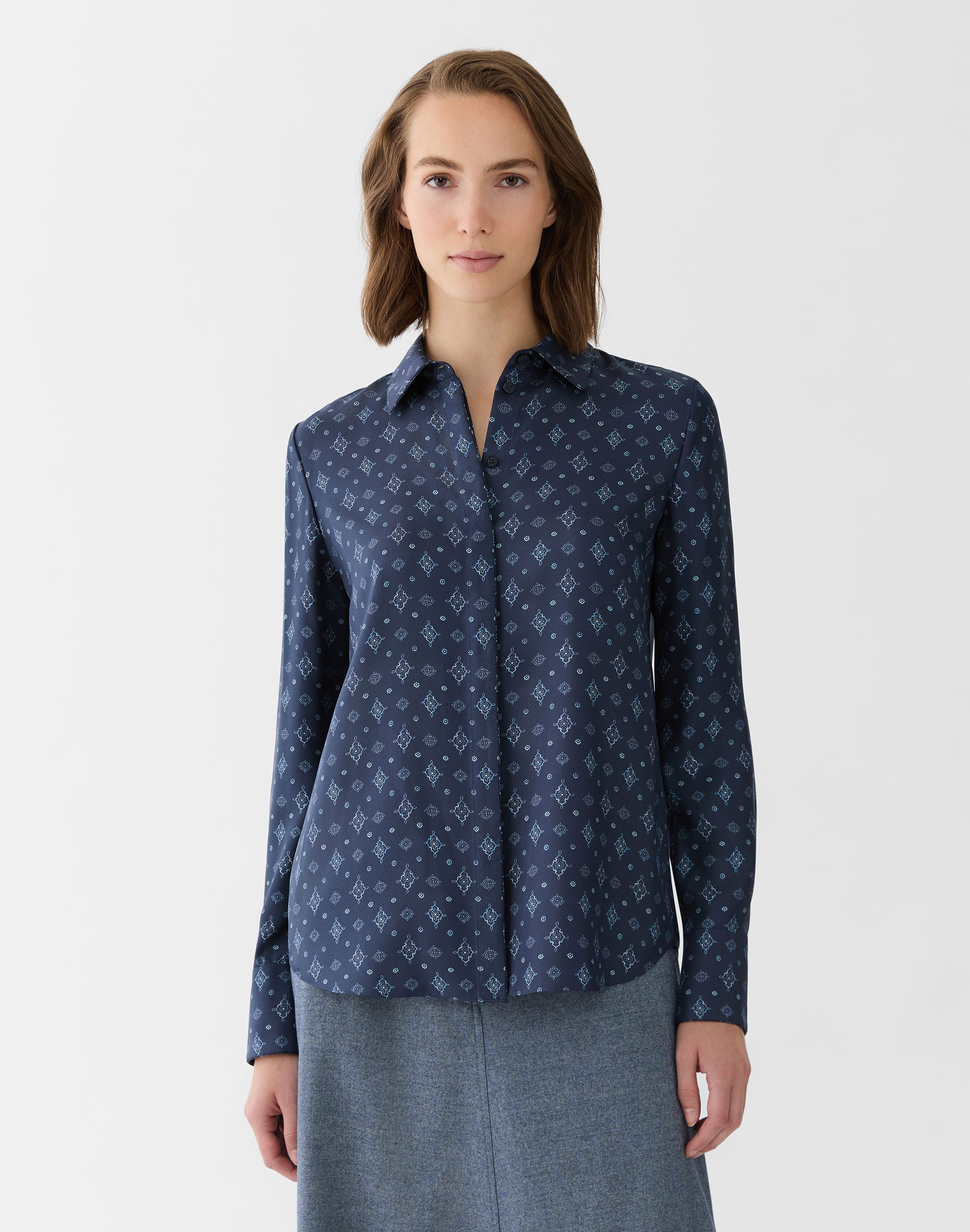 Petite Bandana Print Silk Twill Buttoned Blouse