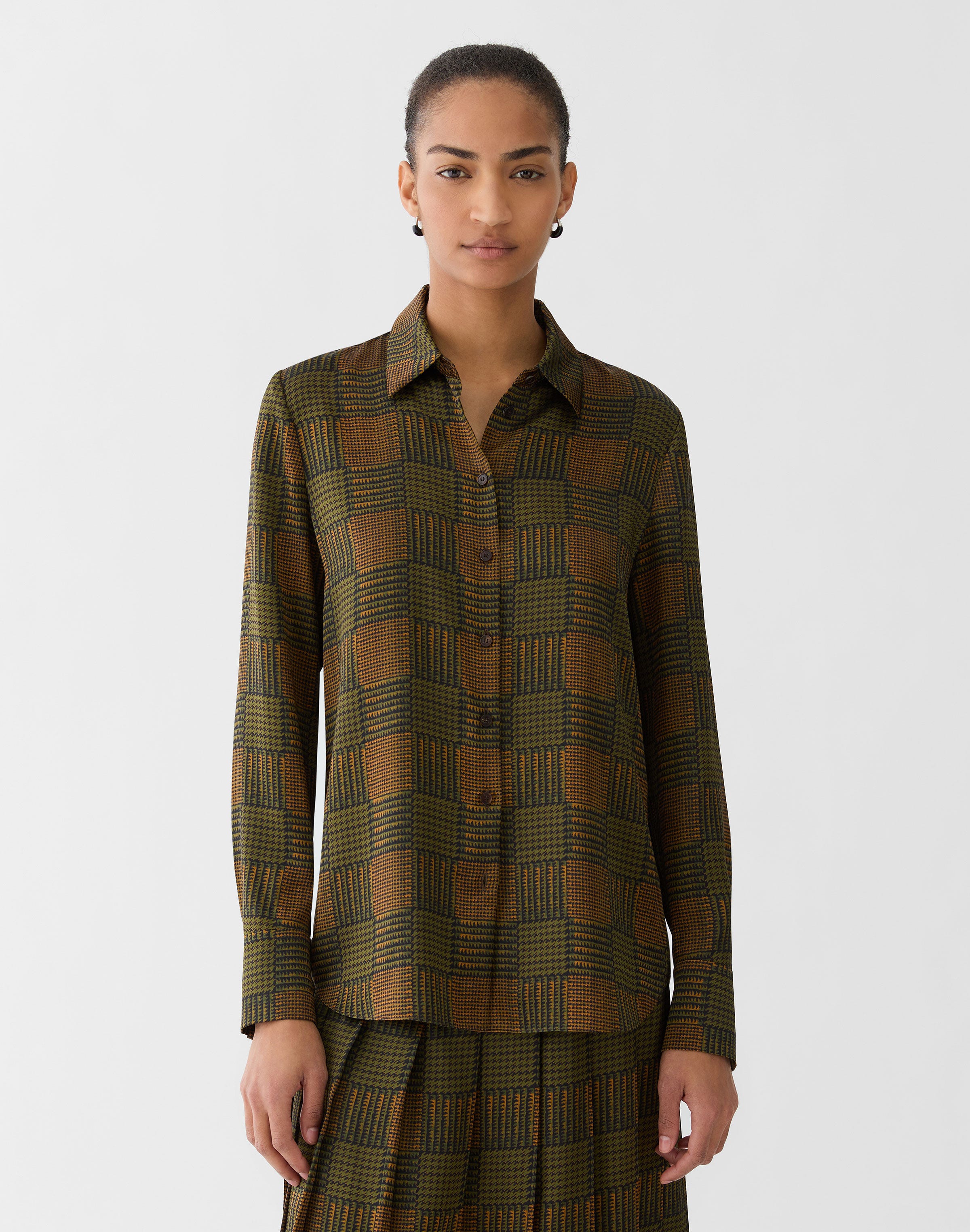 Glen Plaid Print Silk Button Blouse