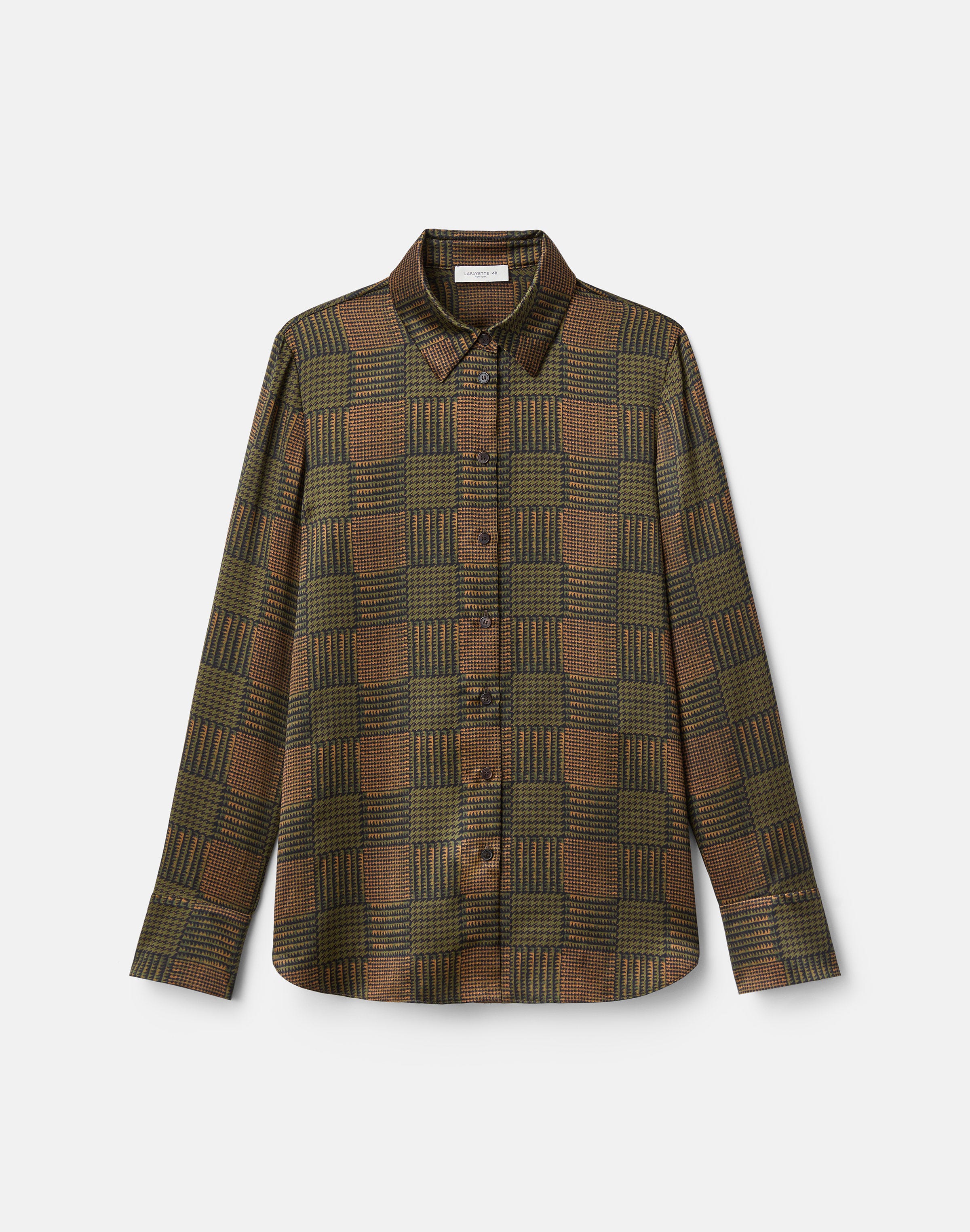 Glen Plaid Print Silk Button Blouse