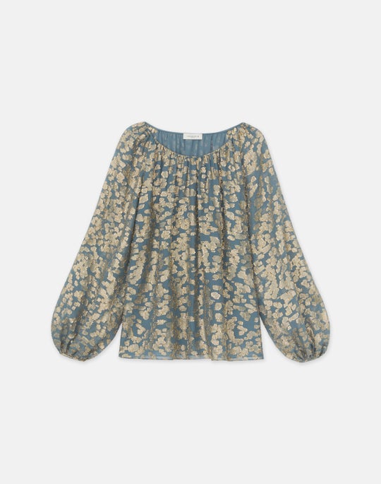 Petite Metallic Floating Leaves Silk Jacquard Balloon Sleeve Blouse