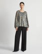 Petite Metallic Floating Leaves Silk Jacquard Balloon Sleeve Blouse