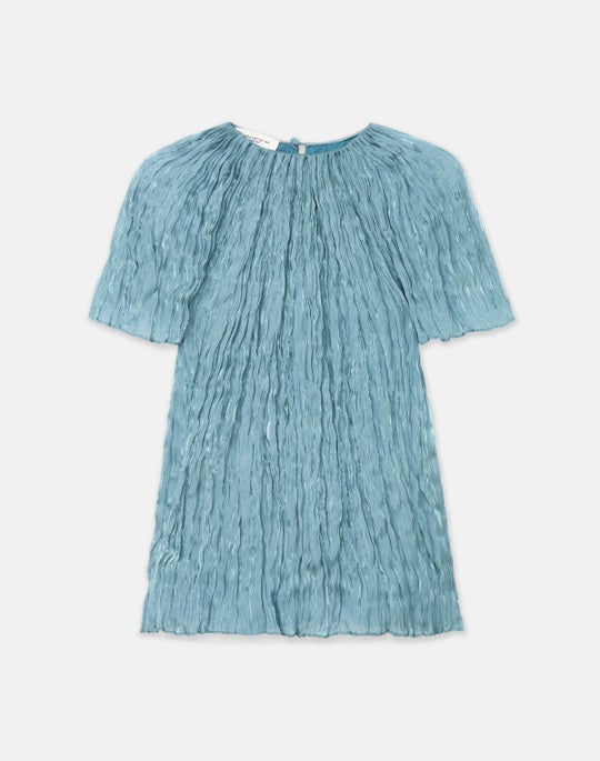 Iridescent Twill Plissé Short Sleeve Blouse