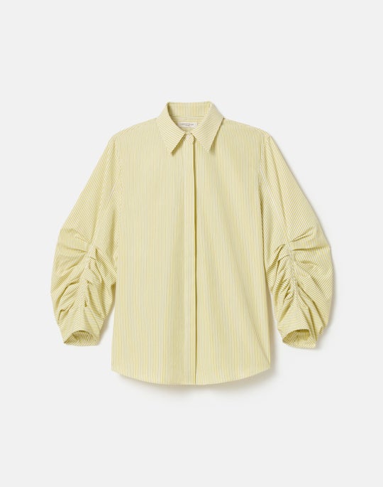 Stripe Cotton Ruched Sleeve Buttoned Shirt