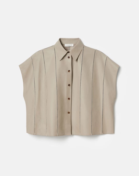 Nappa Leather Ladder Stitch Oversized Cropped Shirt