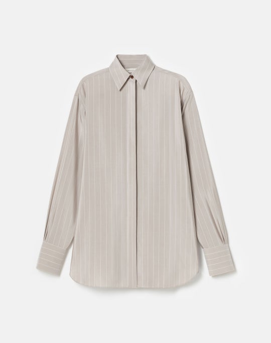 Plus-Size Fine Stripe Silk Collared Oversized Shirt