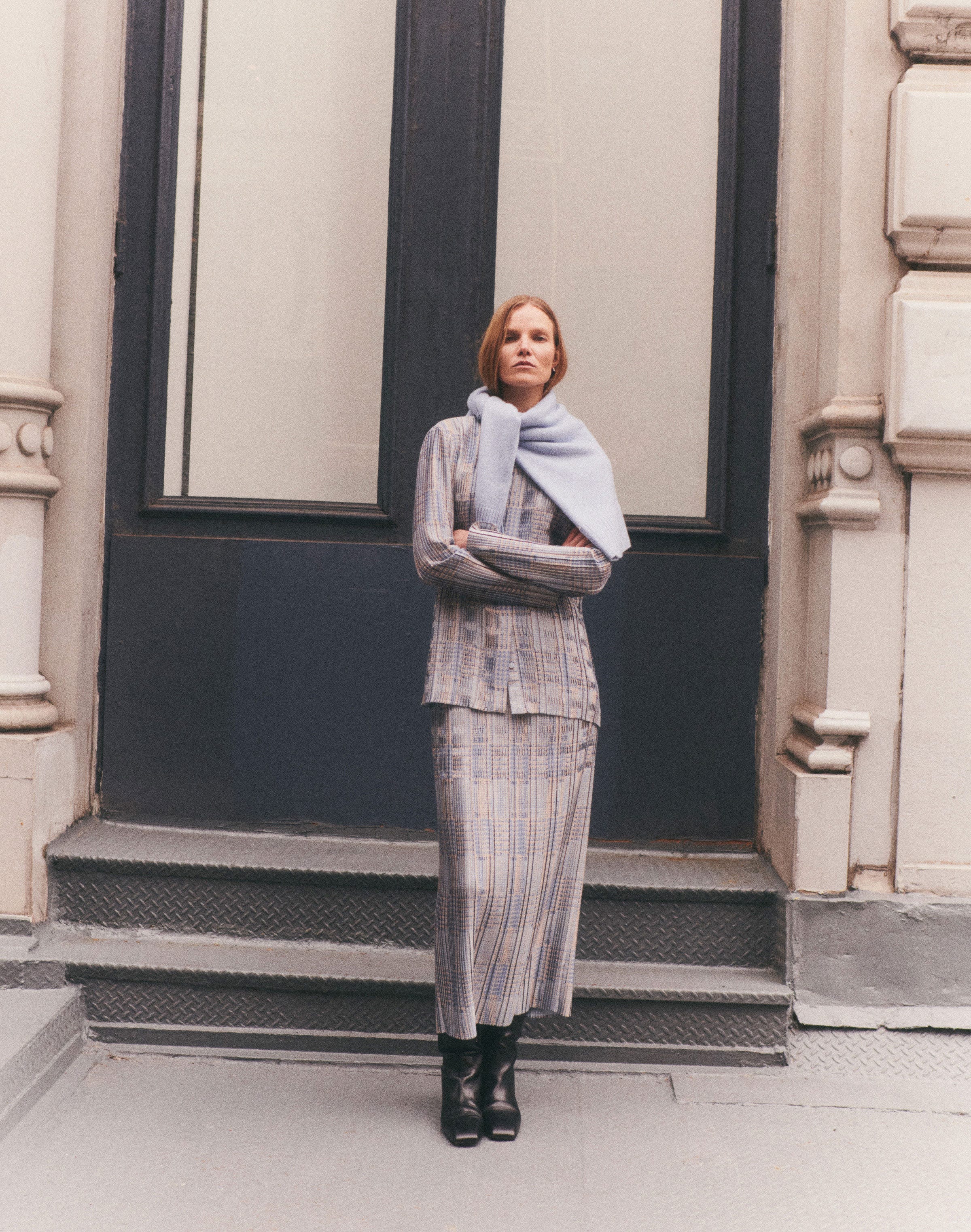 Glen Plaid Plissé Blouse and Skirt with Cashmere Sweater