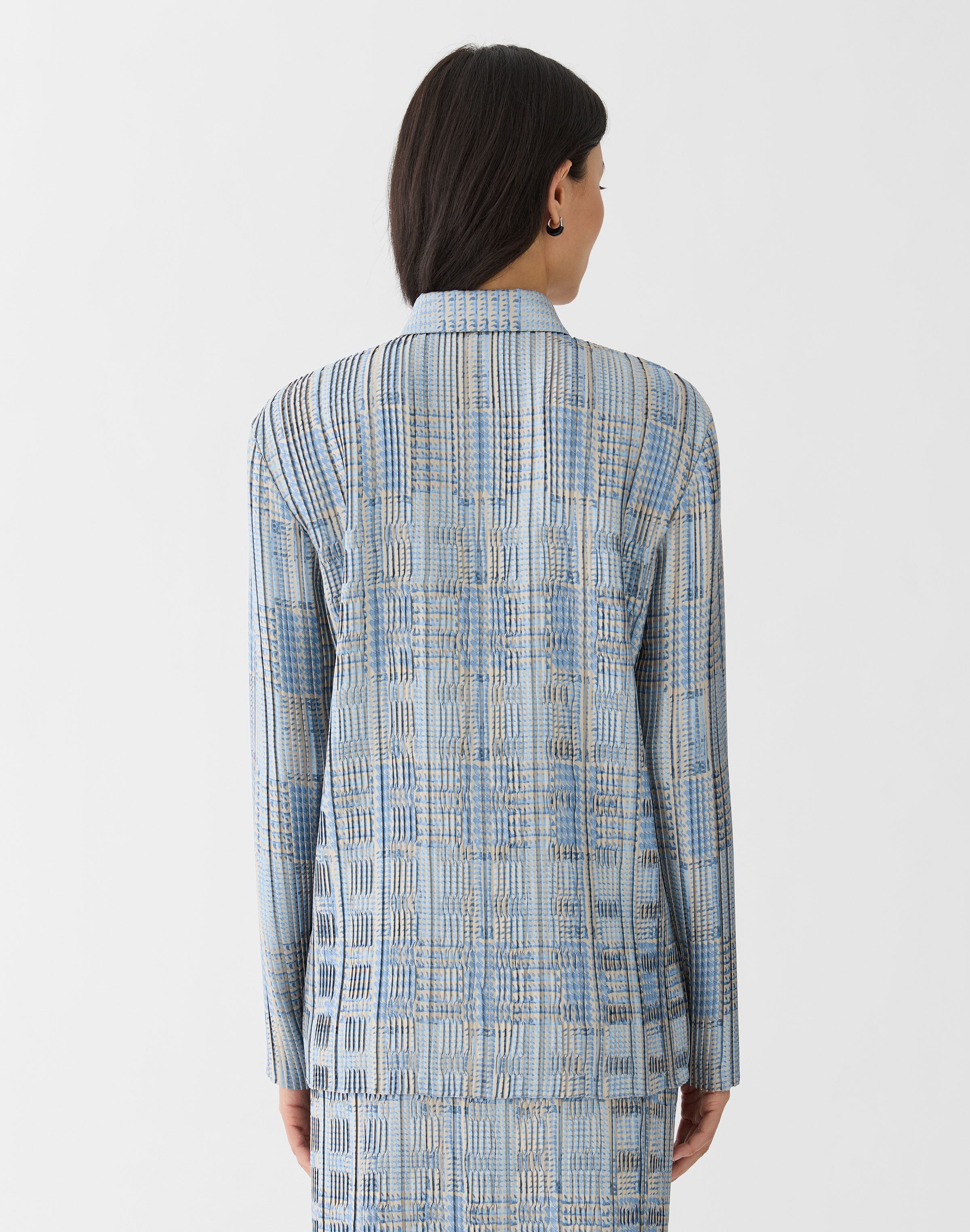 Glen Plaid Print Twill Plissé Blouse