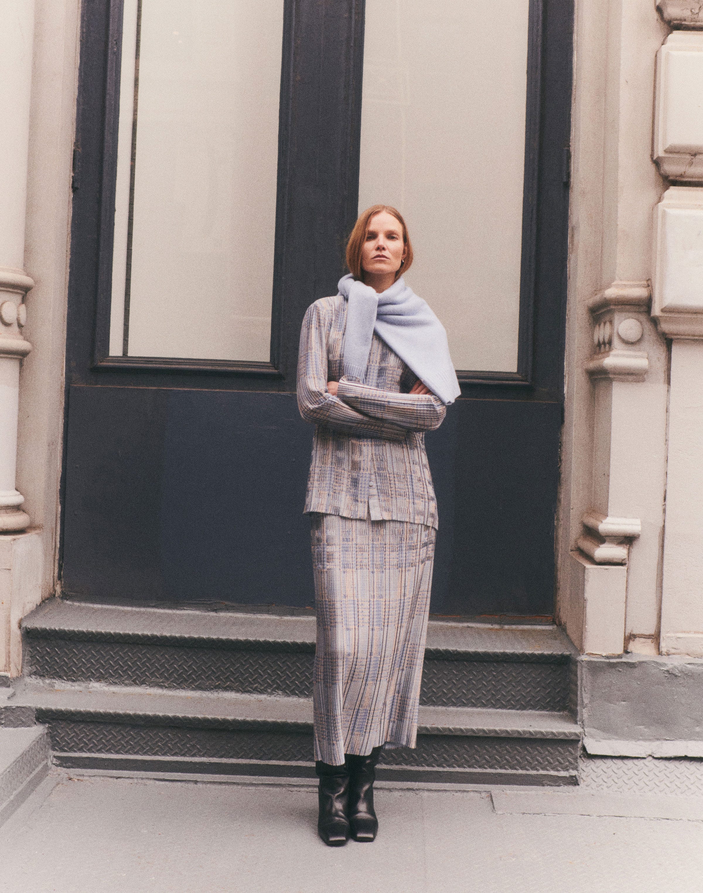 Glen Plaid Print Twill Plissé Blouse