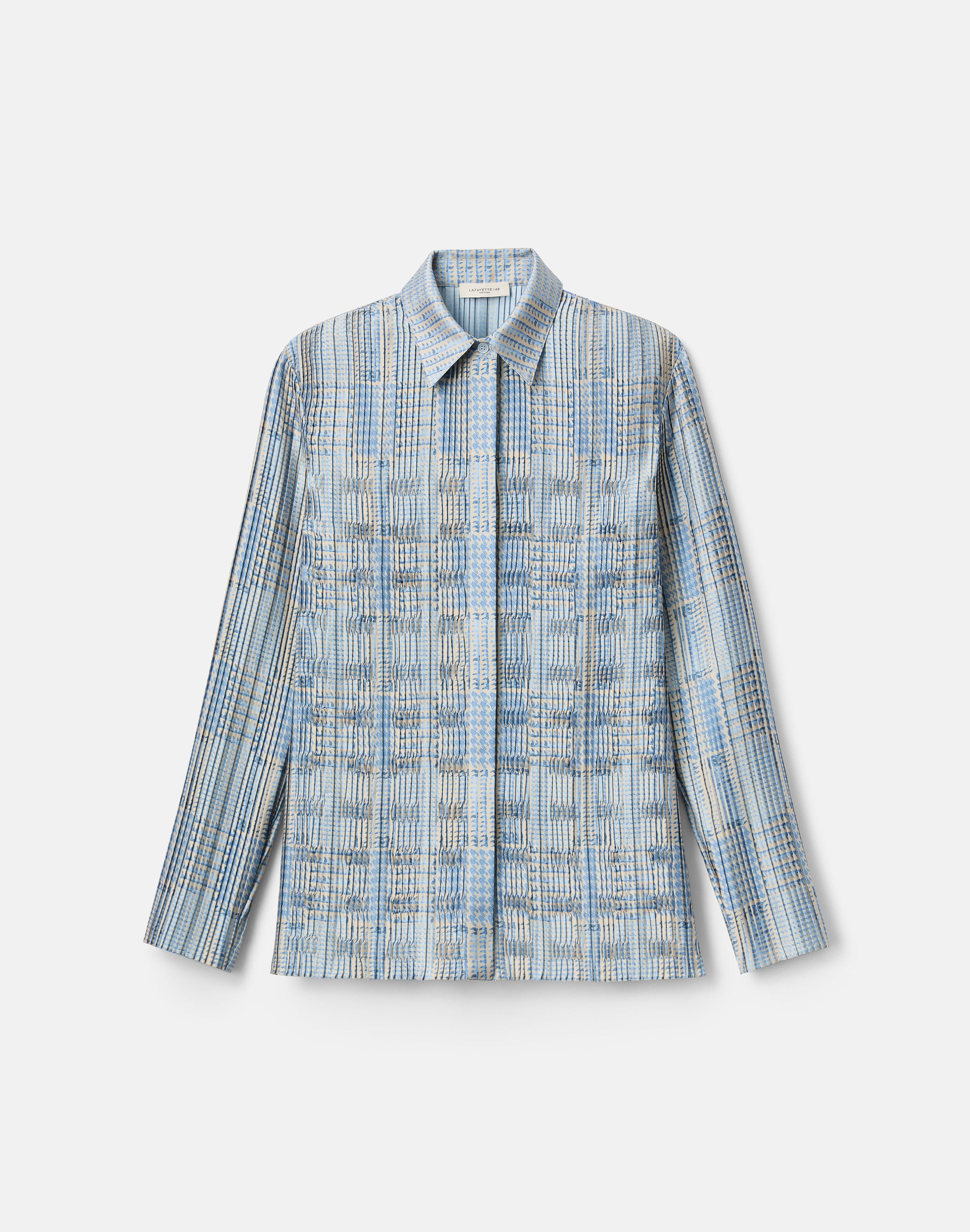 Glen Plaid Print Twill Plissé Blouse