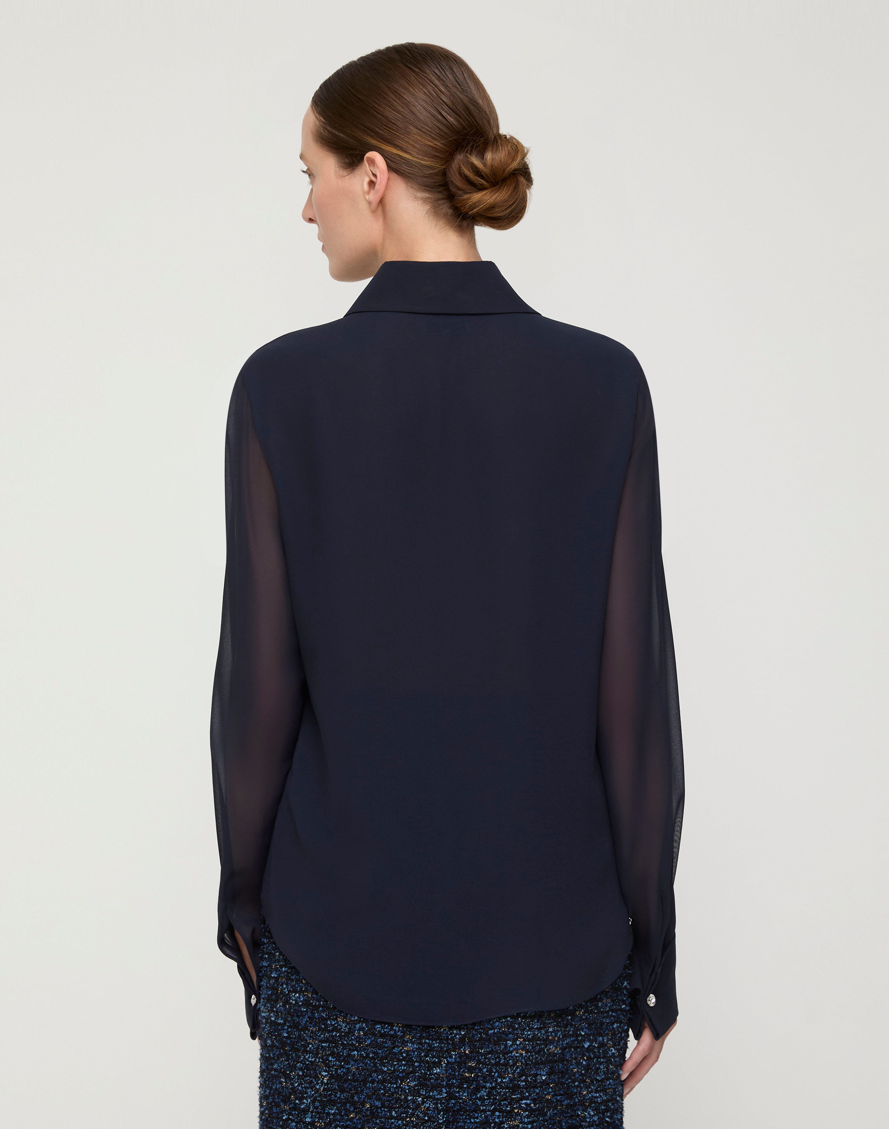 Silk Georgette Crystal Button Tuxedo Blouse
