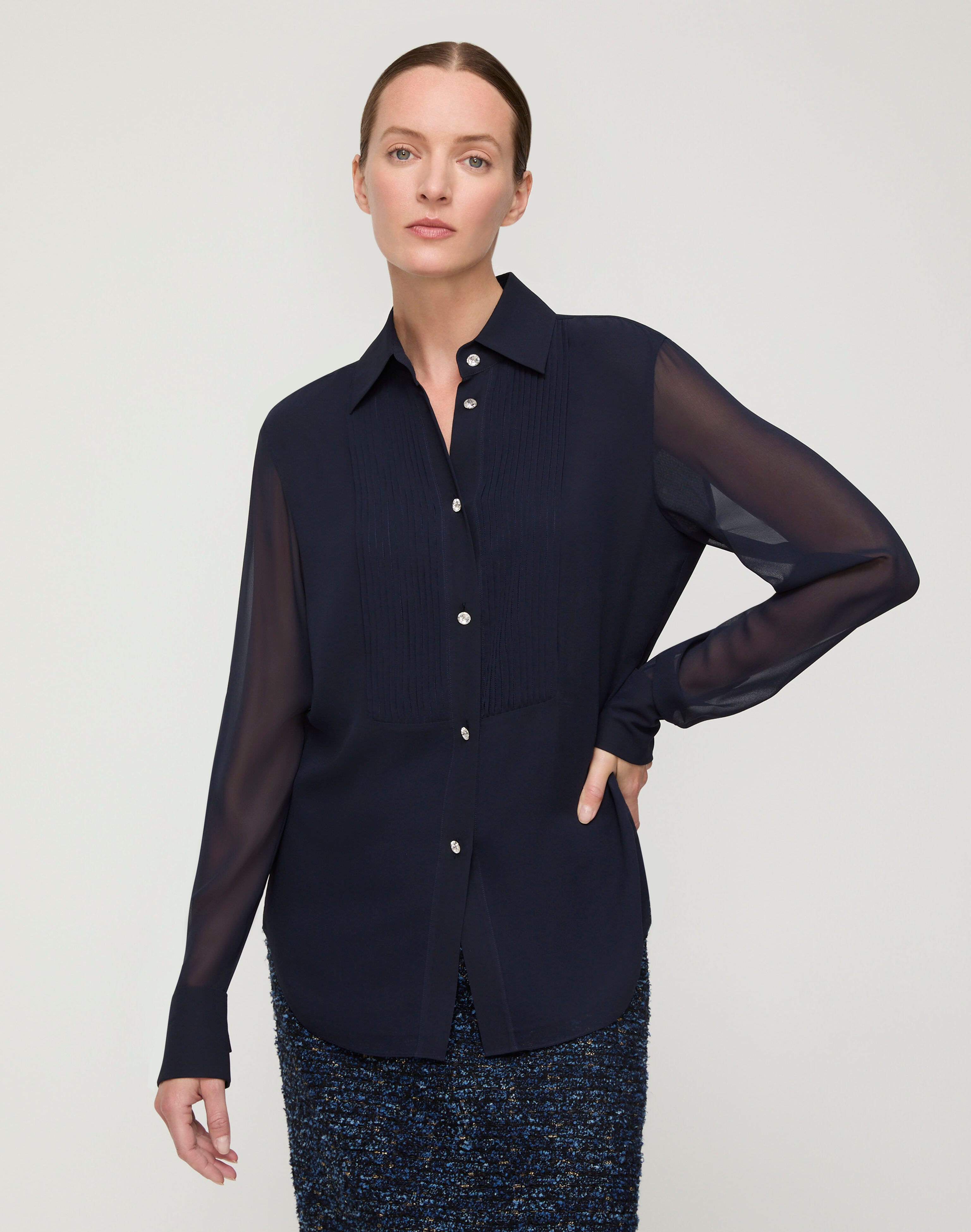 Silk Georgette Crystal Button Tuxedo Blouse