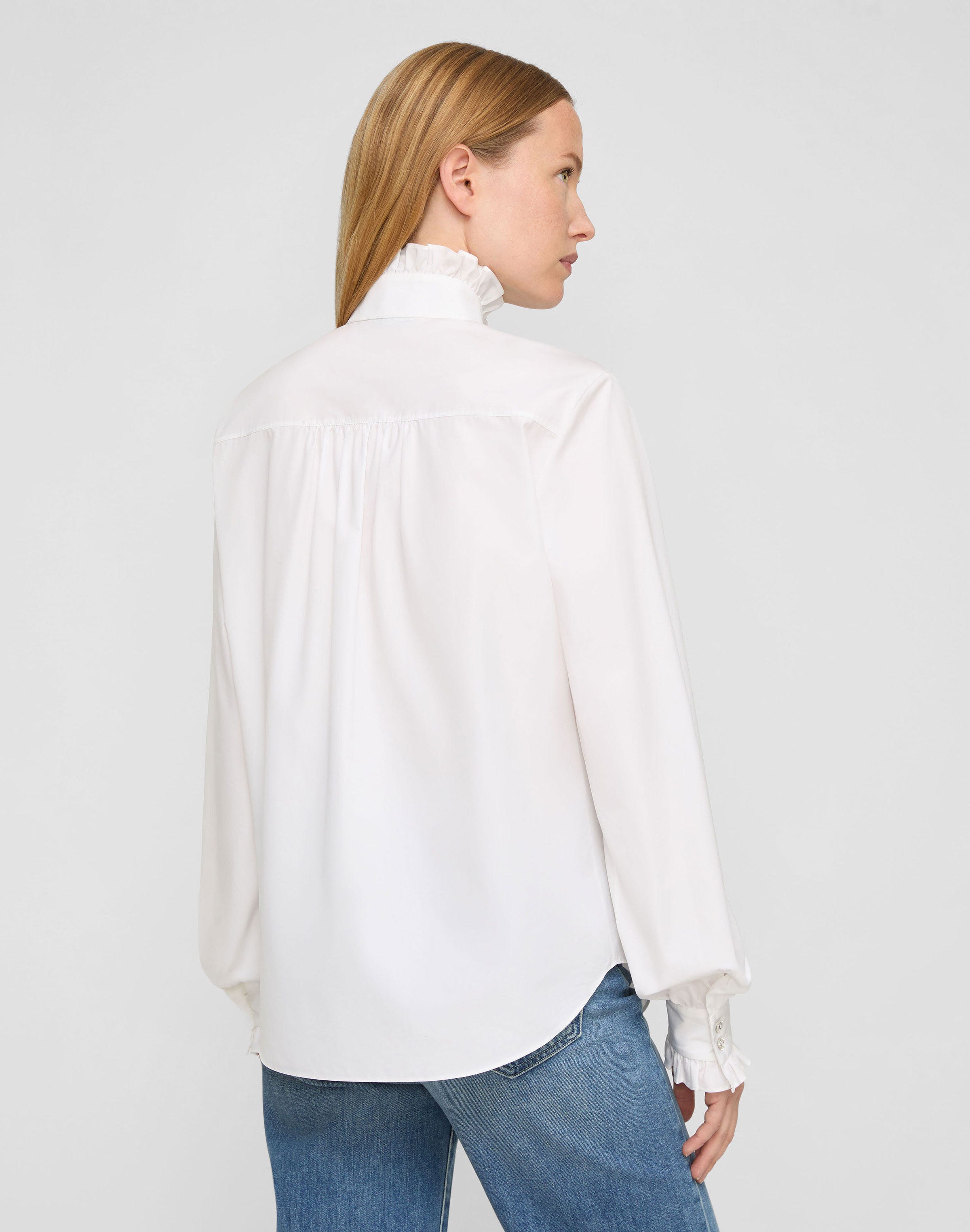 Plus-Size Organic Cotton Poplin Crystal Button Ruffle Shirt