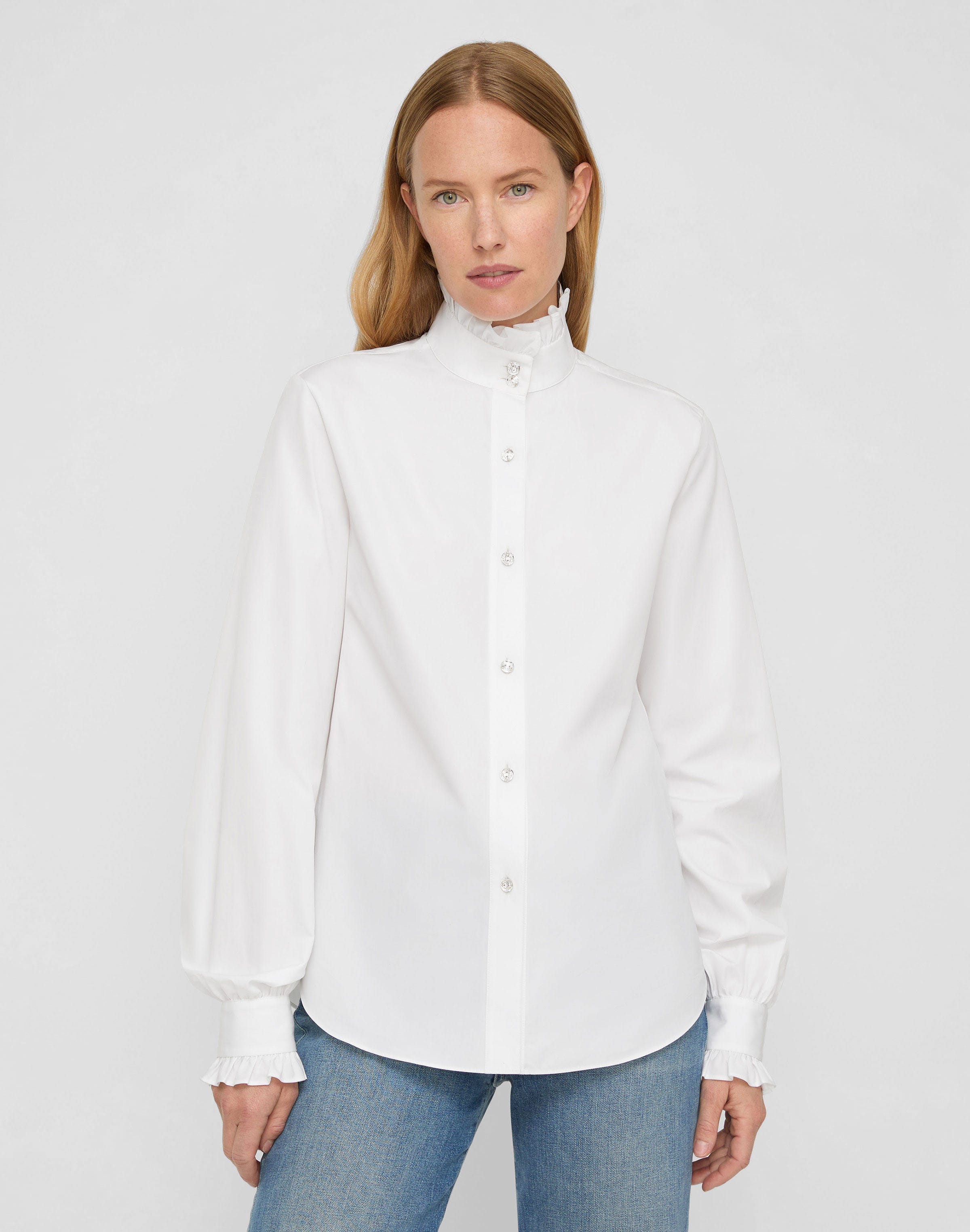 Plus-Size Organic Cotton Poplin Crystal Button Ruffle Shirt