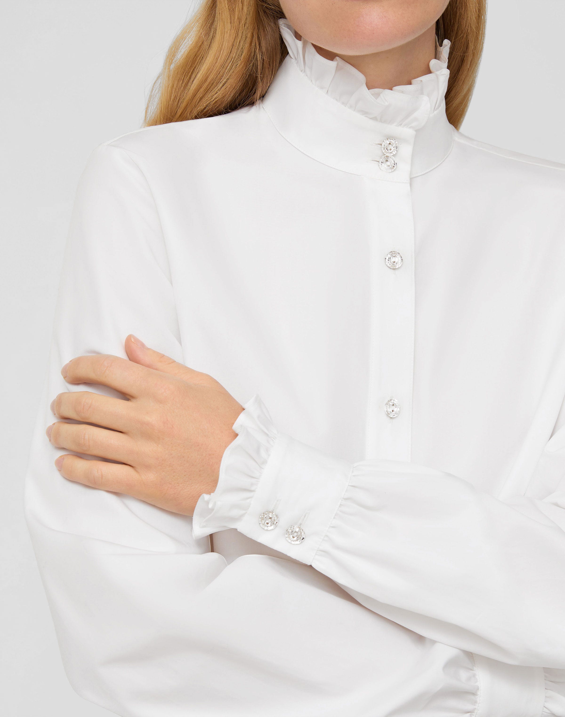 Plus-Size Organic Cotton Poplin Crystal Button Ruffle Shirt