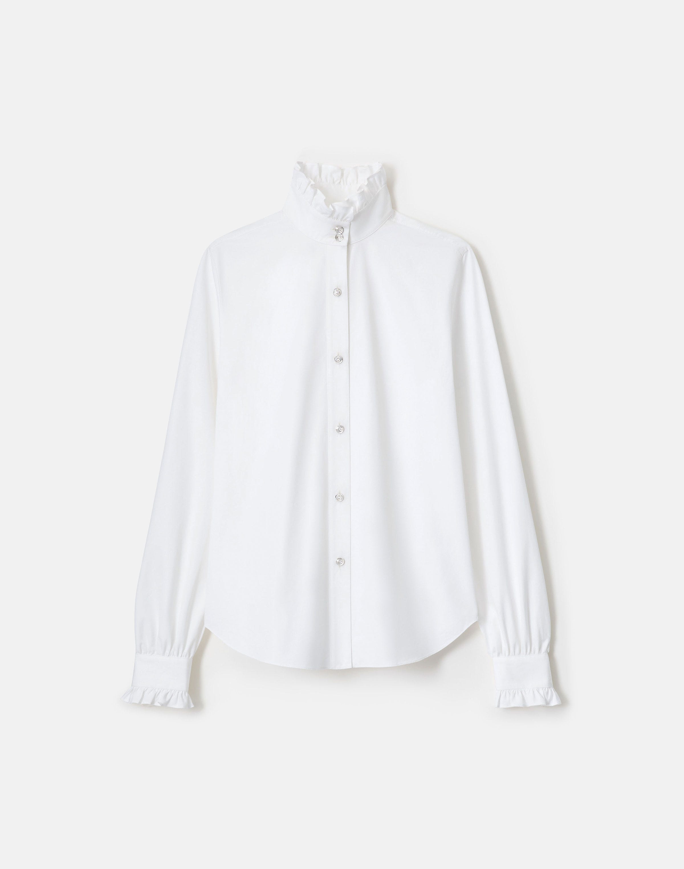 Plus-Size Organic Cotton Poplin Crystal Button Ruffle Shirt