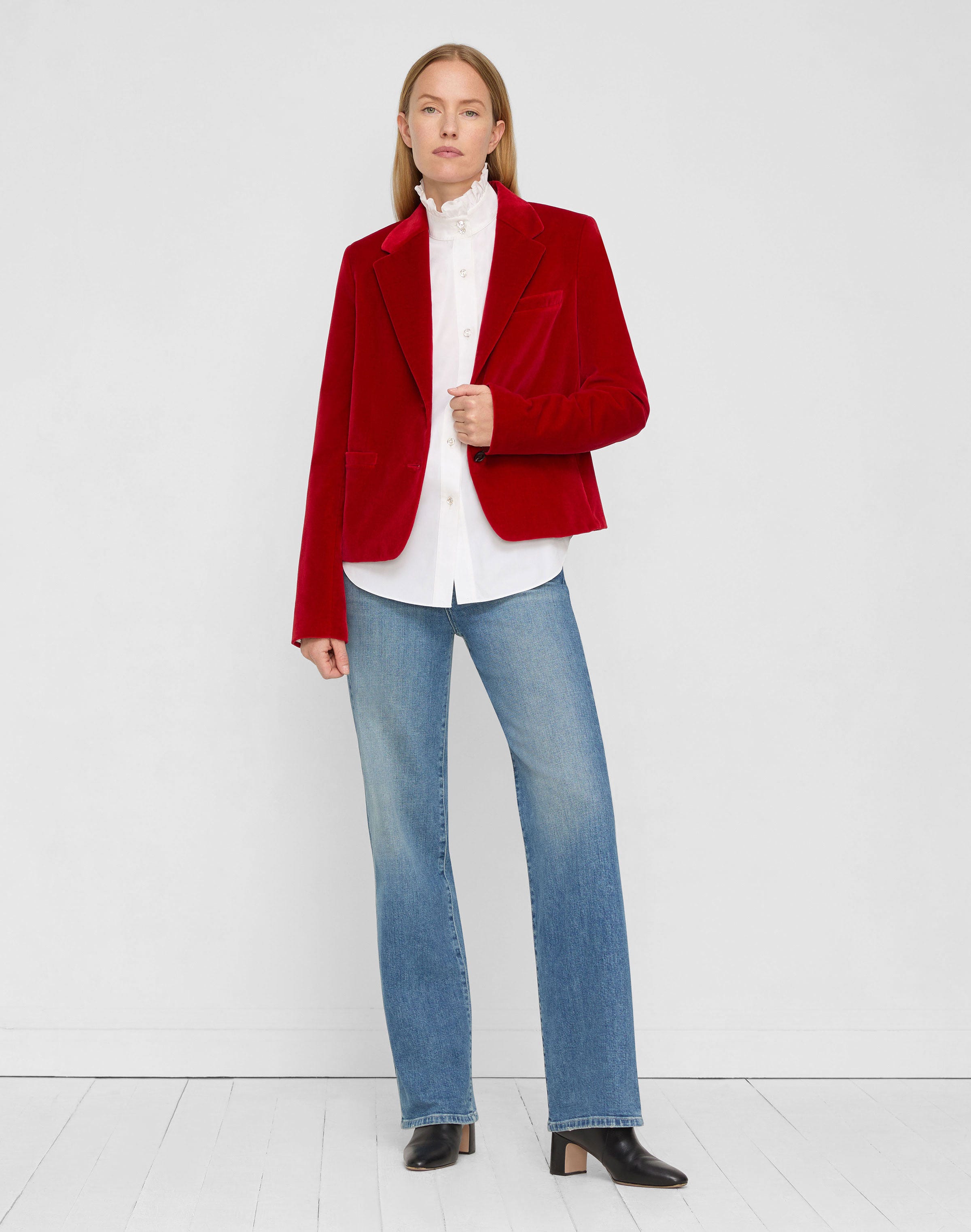 Plus-Size Organic Cotton Poplin Crystal Button Ruffle Shirt