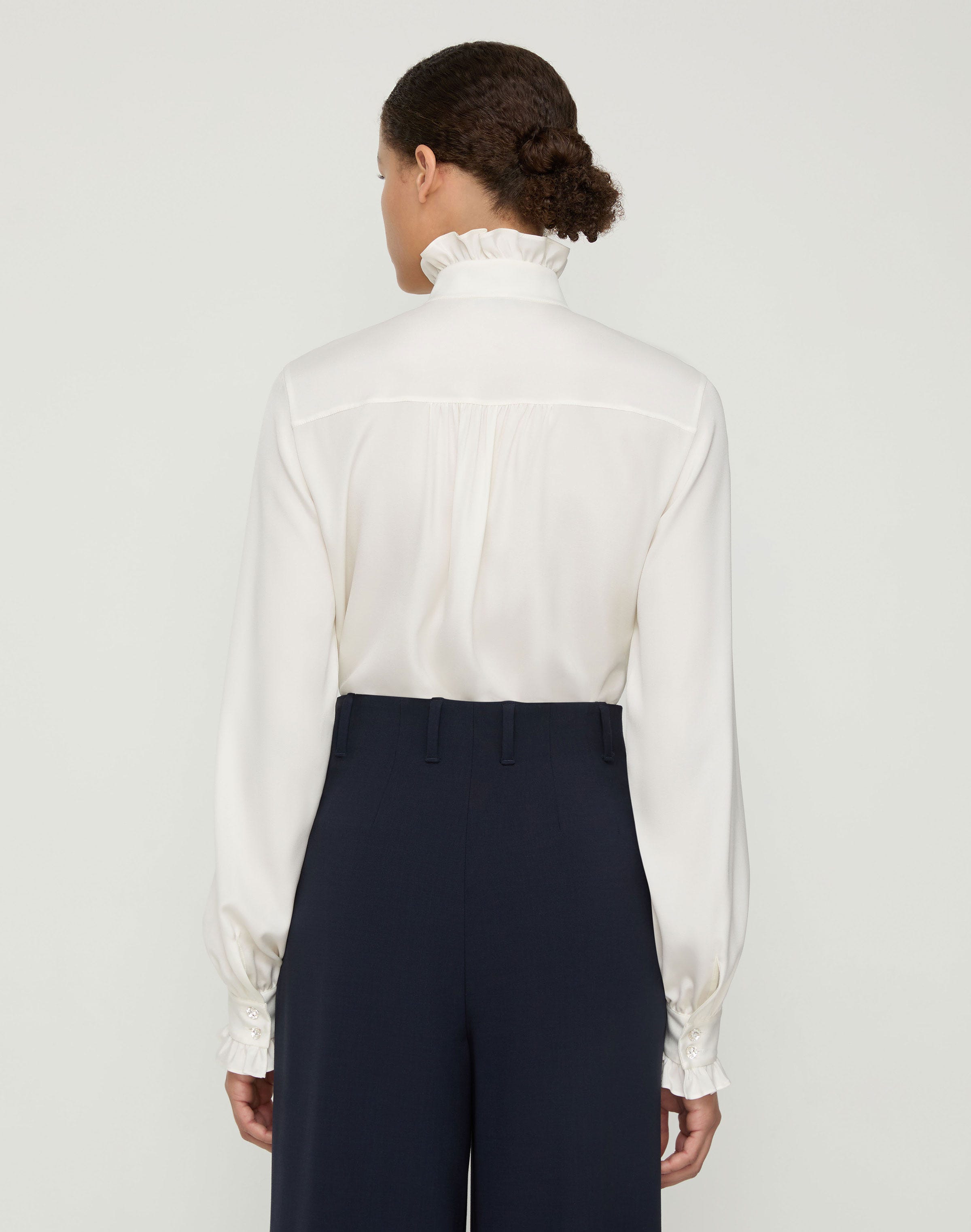Organic Silk Georgette Crystal Button Ruffle Blouse