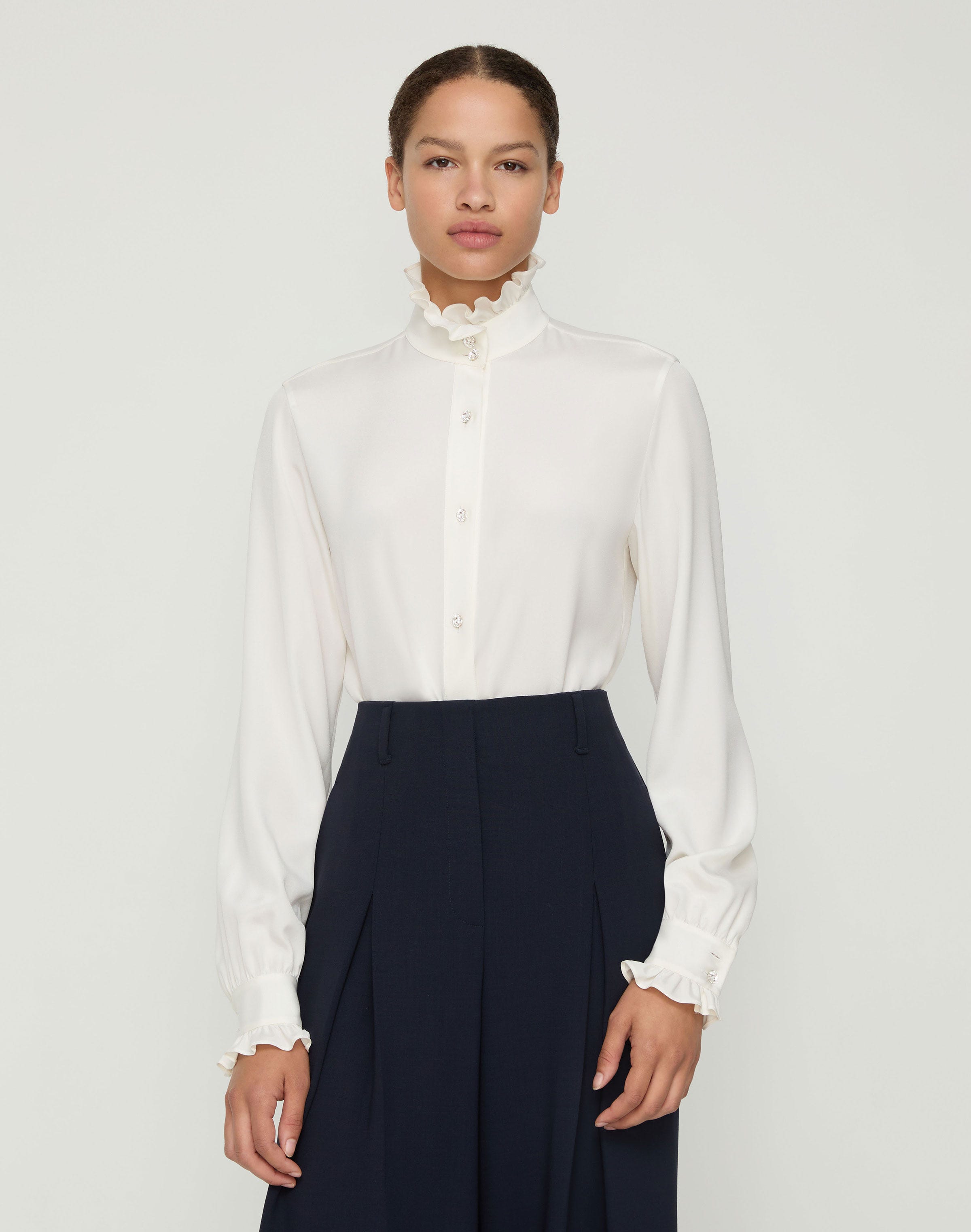 Organic Silk Georgette Crystal Button Ruffle Blouse