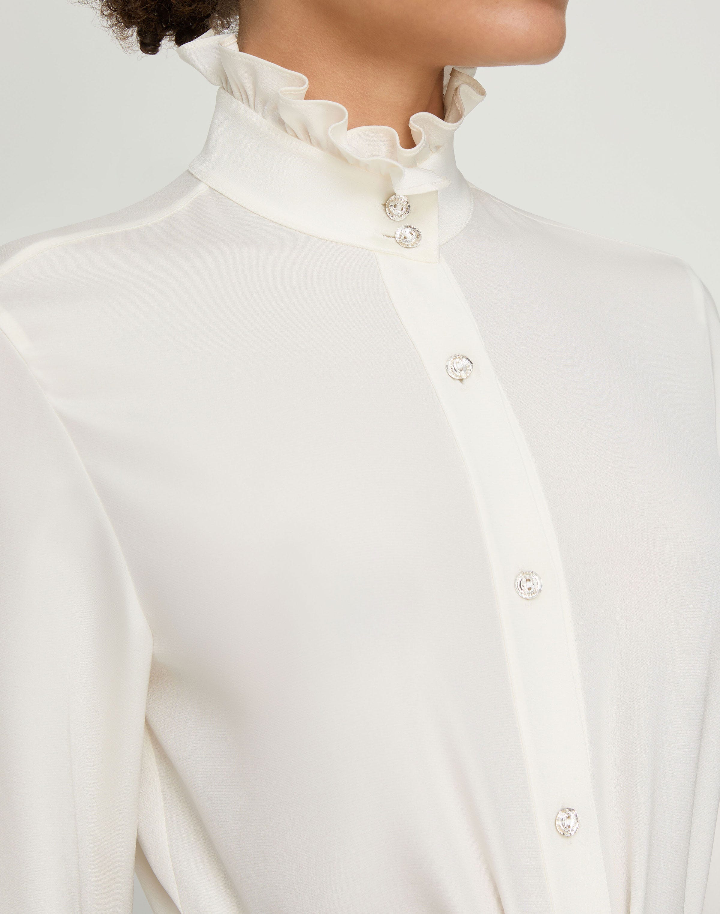 Organic Silk Georgette Crystal Button Ruffle Blouse