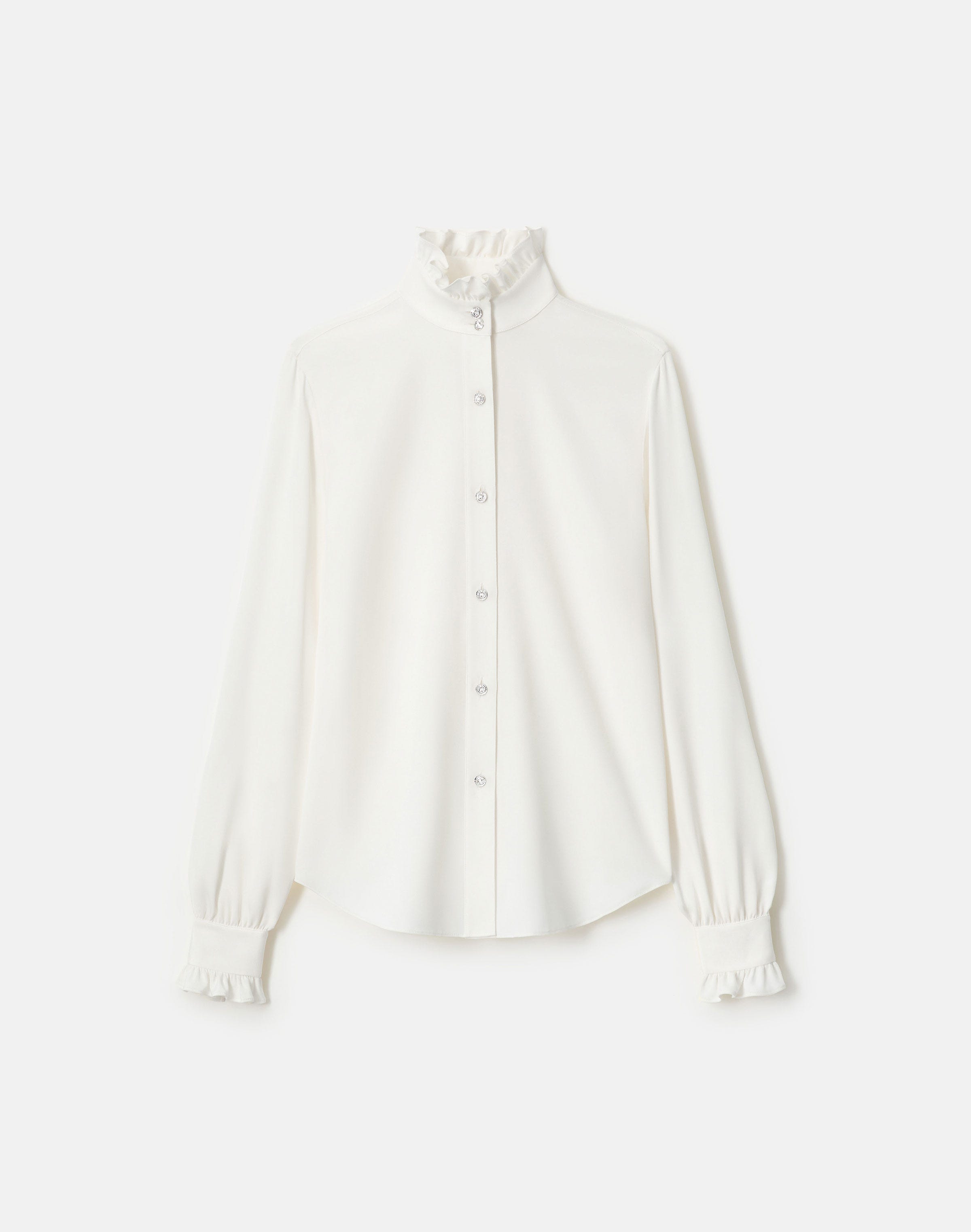 Organic Silk Georgette Crystal Button Ruffle Blouse
