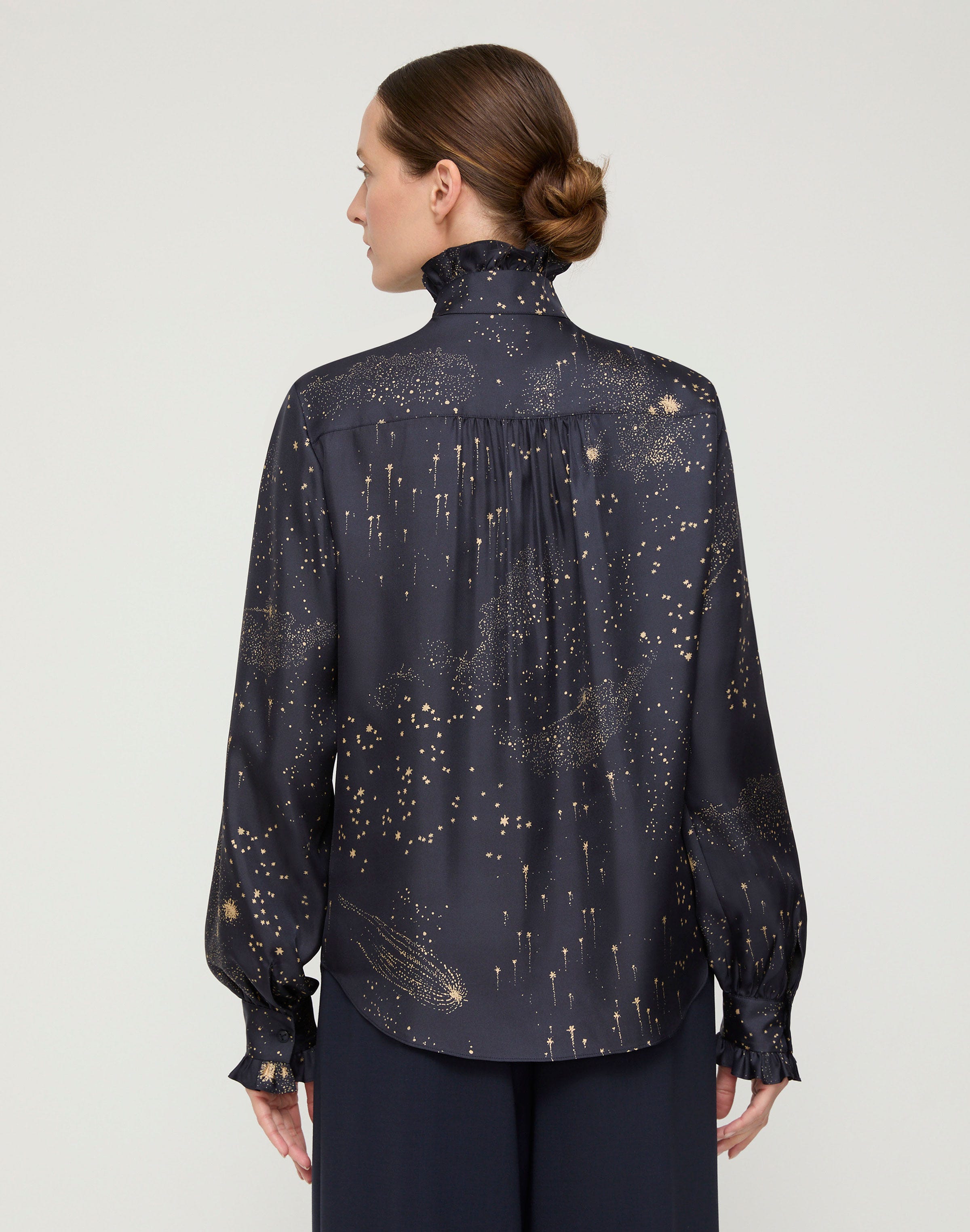 Cosmos Print Silk Twill Ruffle Blouse