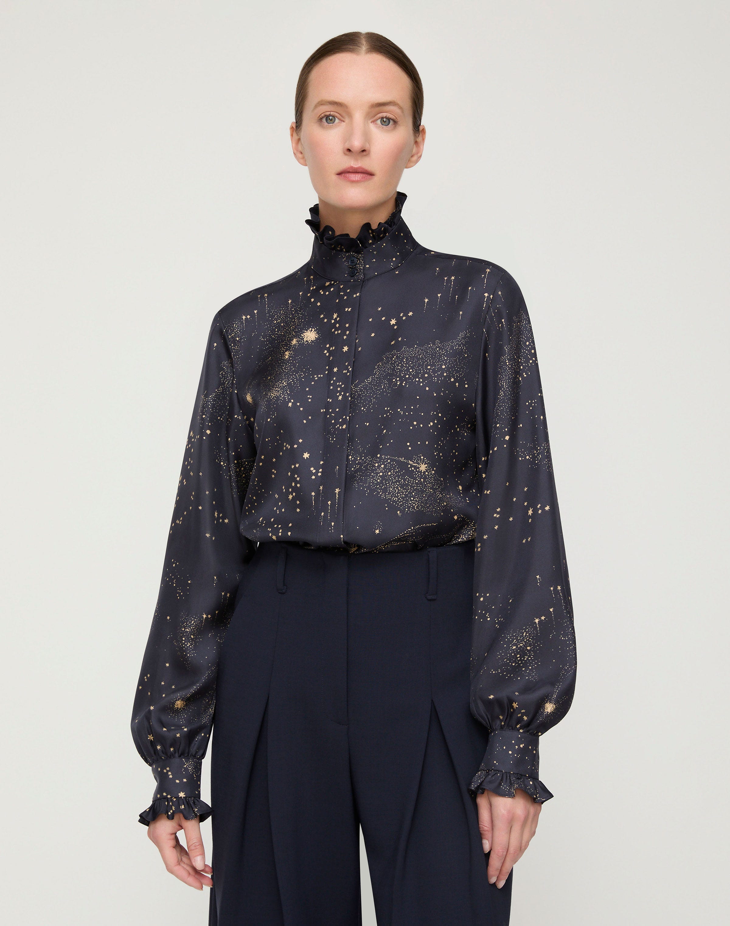 Cosmos Print Silk Twill Ruffle Blouse