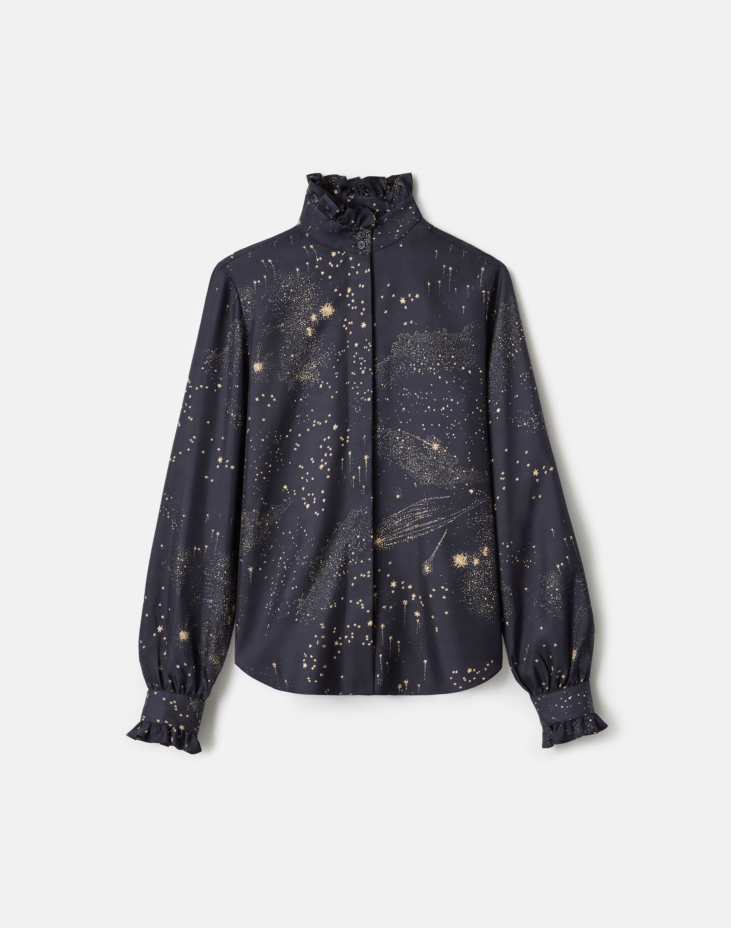 Cosmos Print Silk Twill Ruffle Blouse