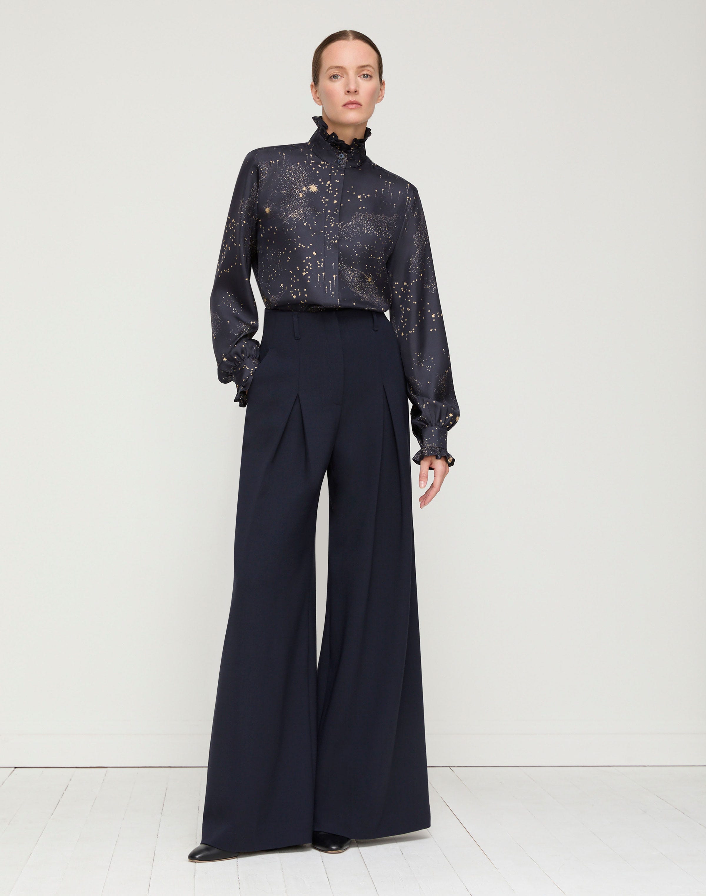 Cosmos Print Silk Twill Ruffle Blouse