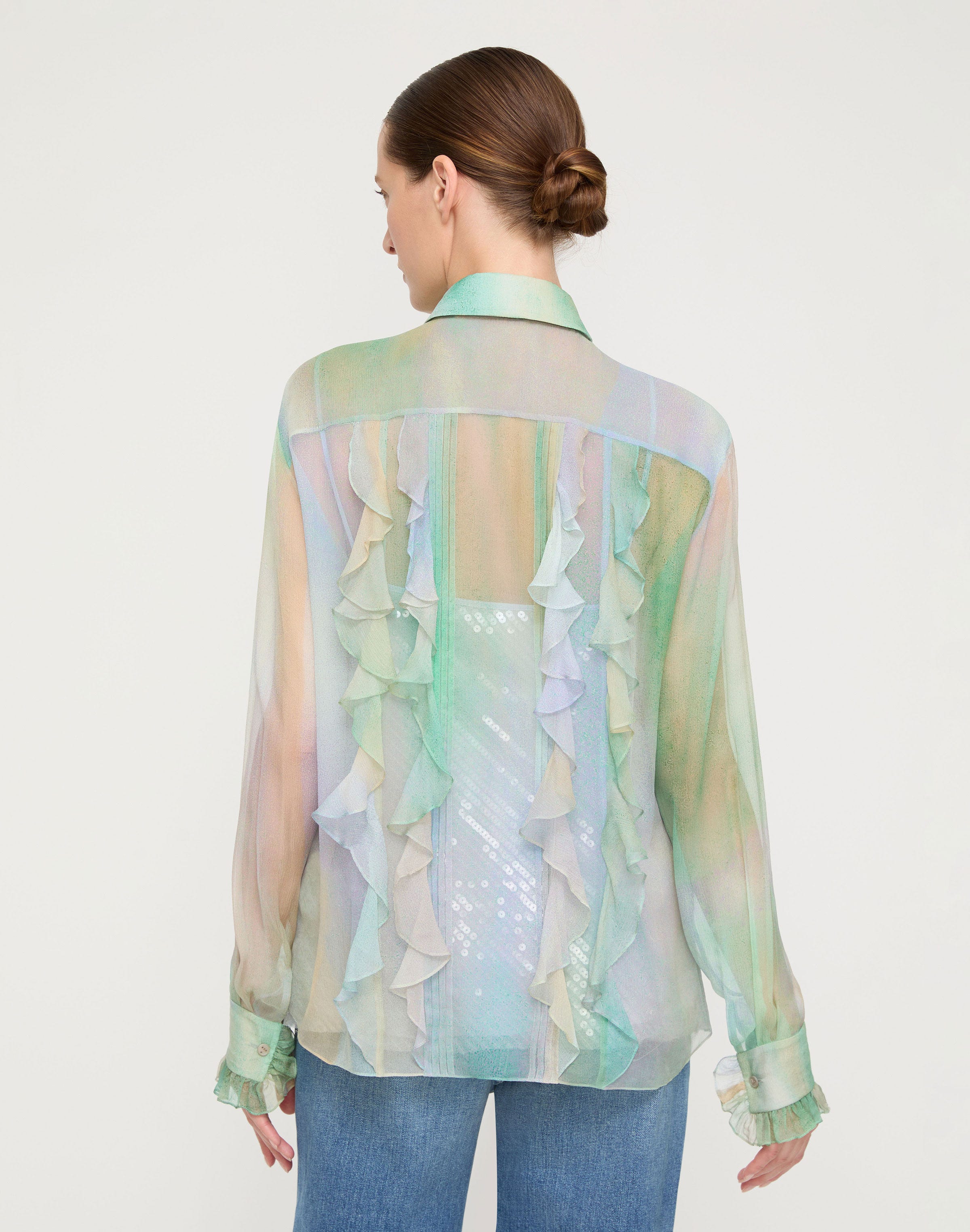 Aurora Print Silk Crépon Bow Blouse & Sequin Camisole