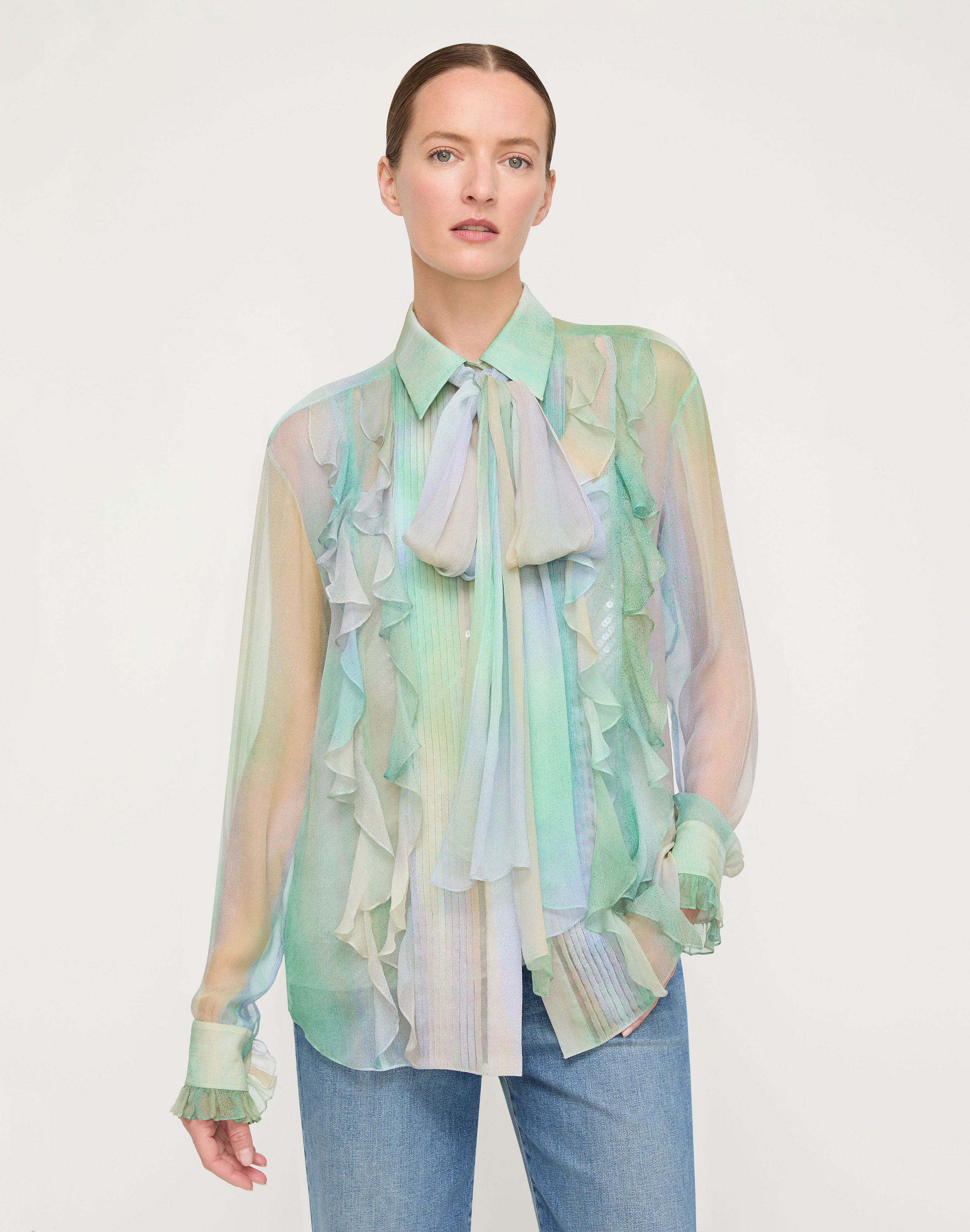 Aurora Print Silk Crépon Bow Blouse & Sequin Camisole
