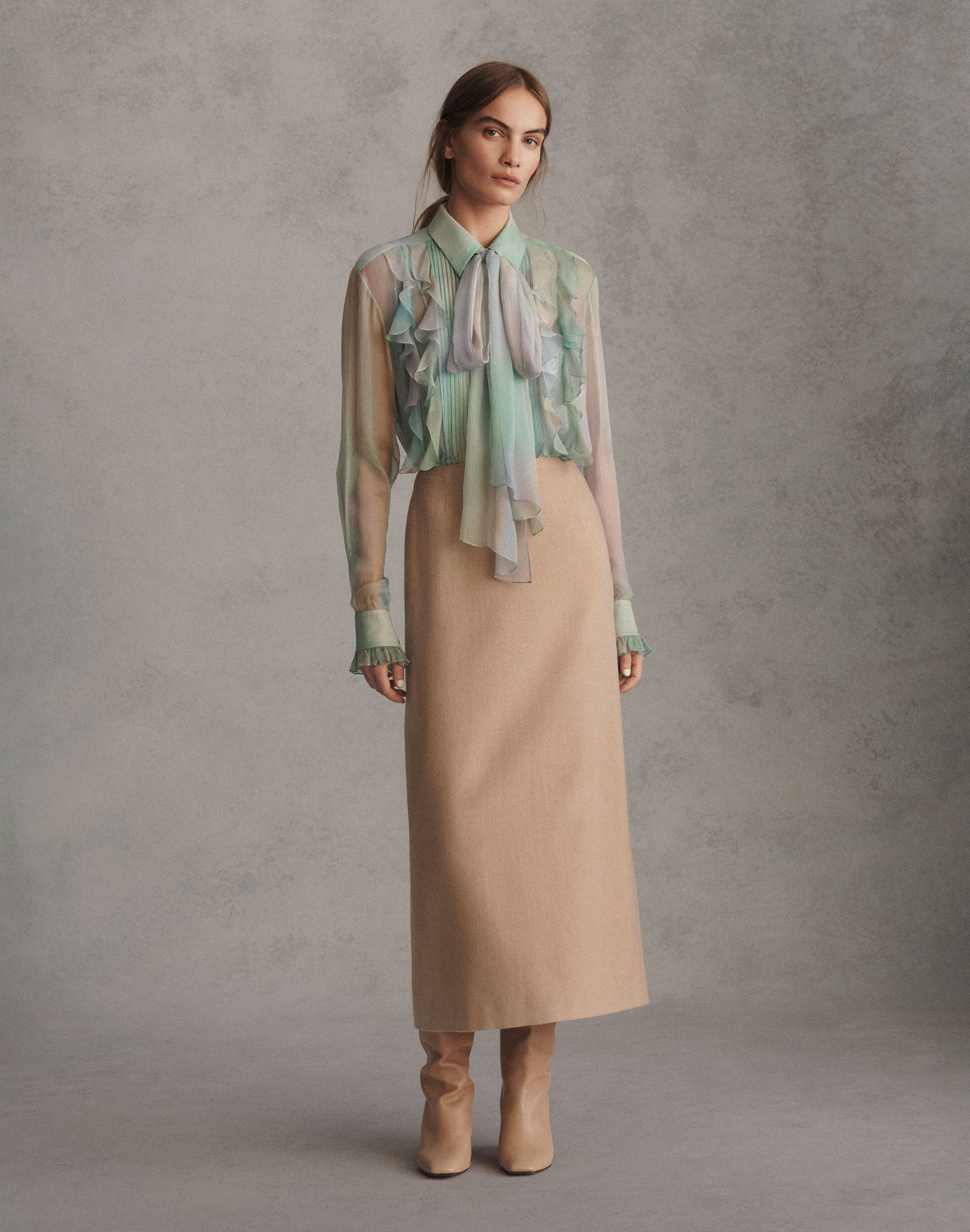 Aurora Print Silk Crépon Bow Blouse & Sequin Camisole
