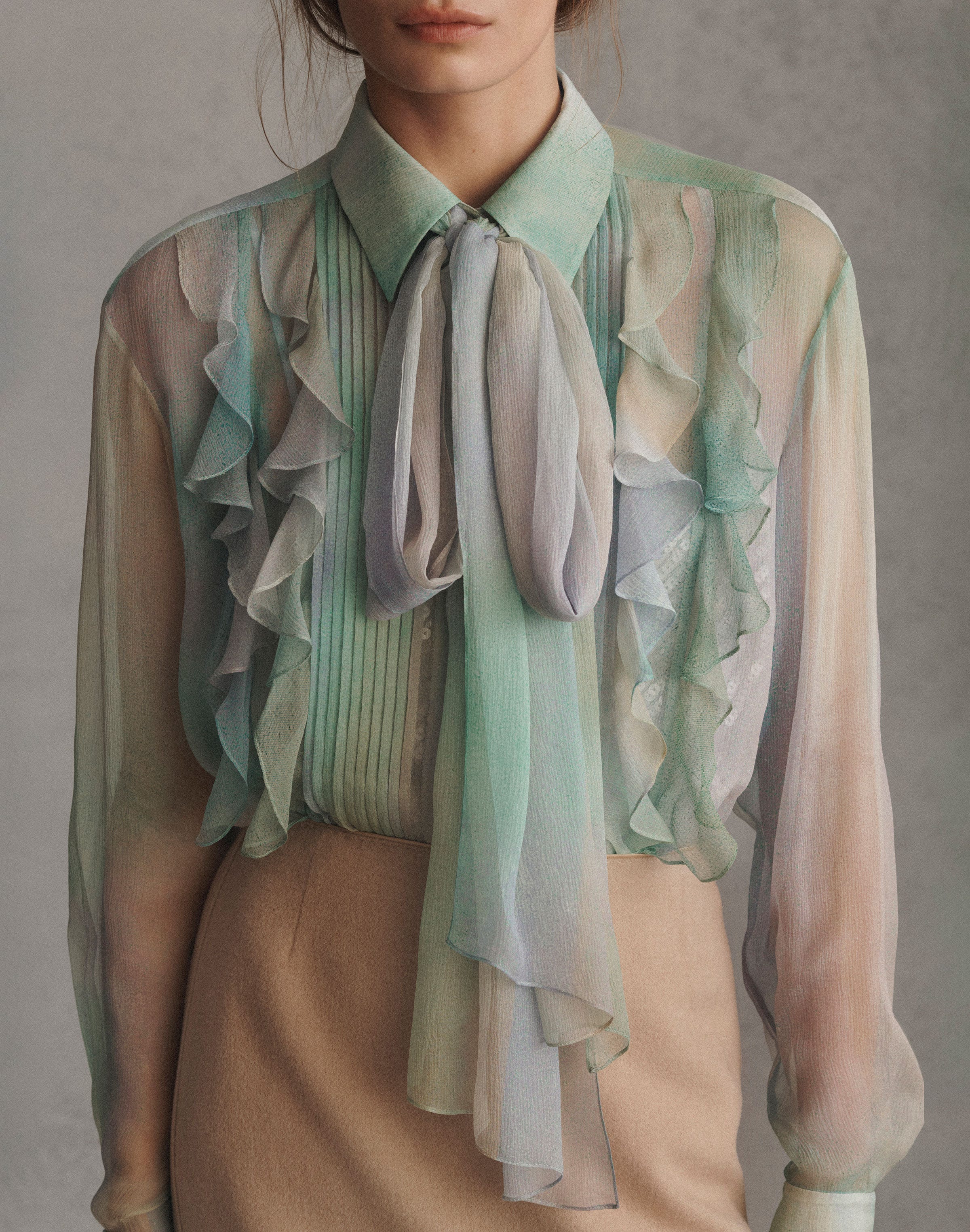 Aurora Print Silk Crépon Bow Blouse & Sequin Camisole