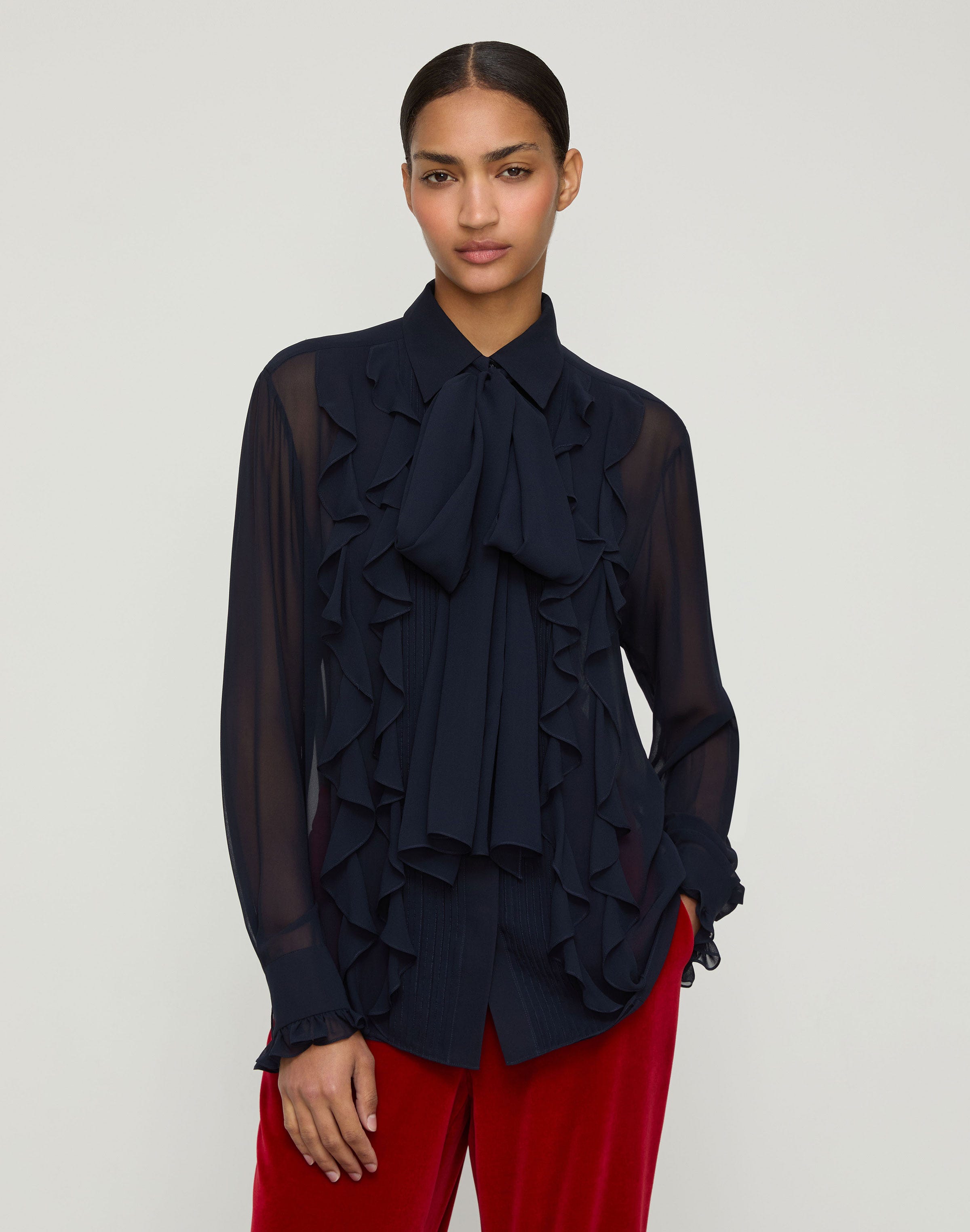 Silk Georgette Ruffle Bow Blouse