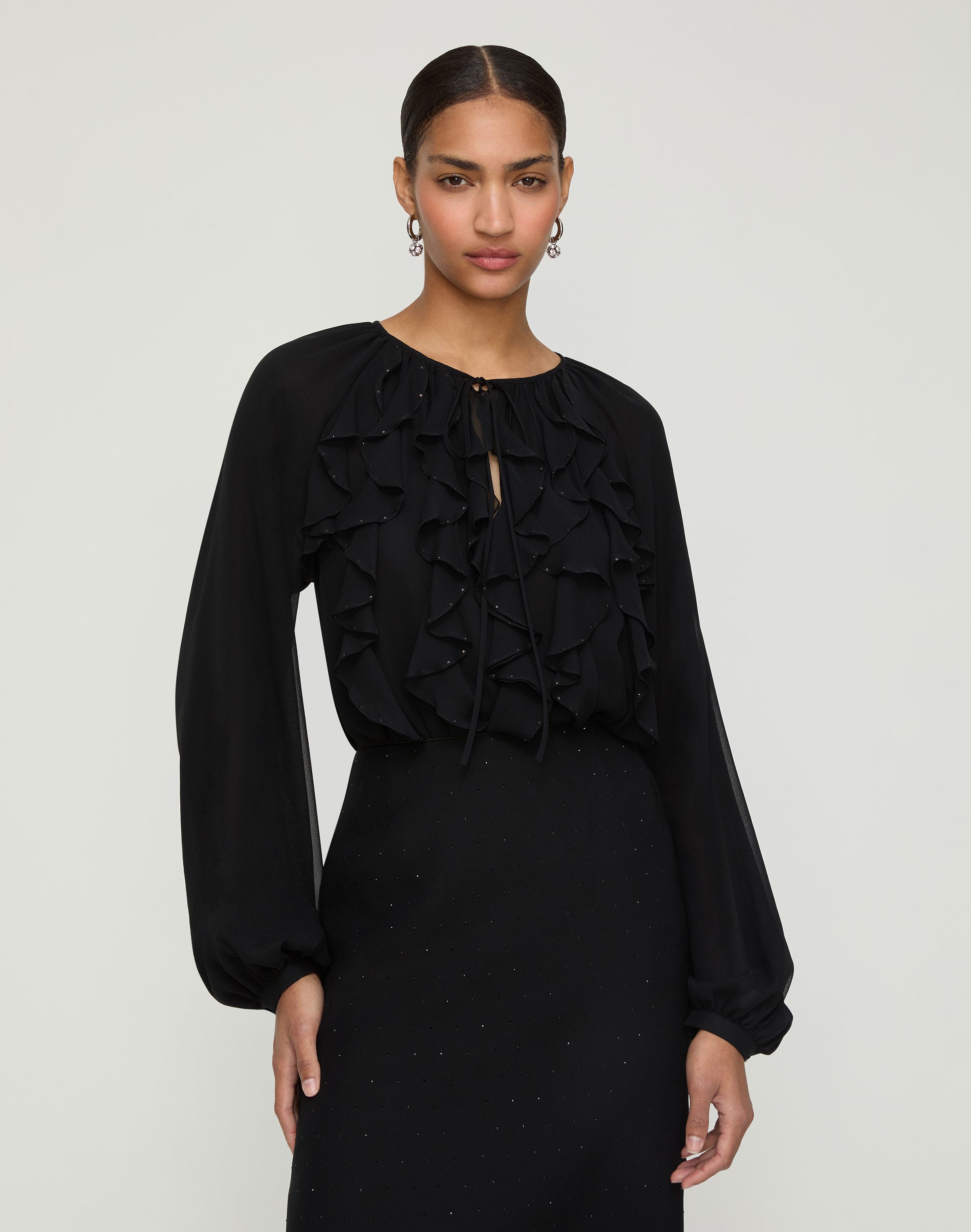 Silk Georgette Crystal Embellished Ruffle Blouse