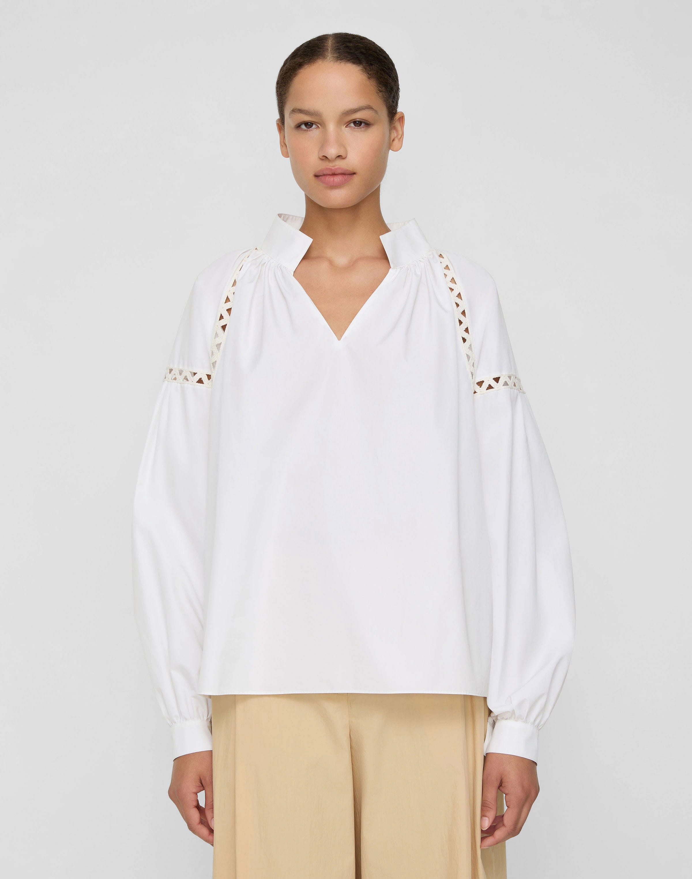 Organic Cotton Poplin Soutache Trim Popover Shirt
