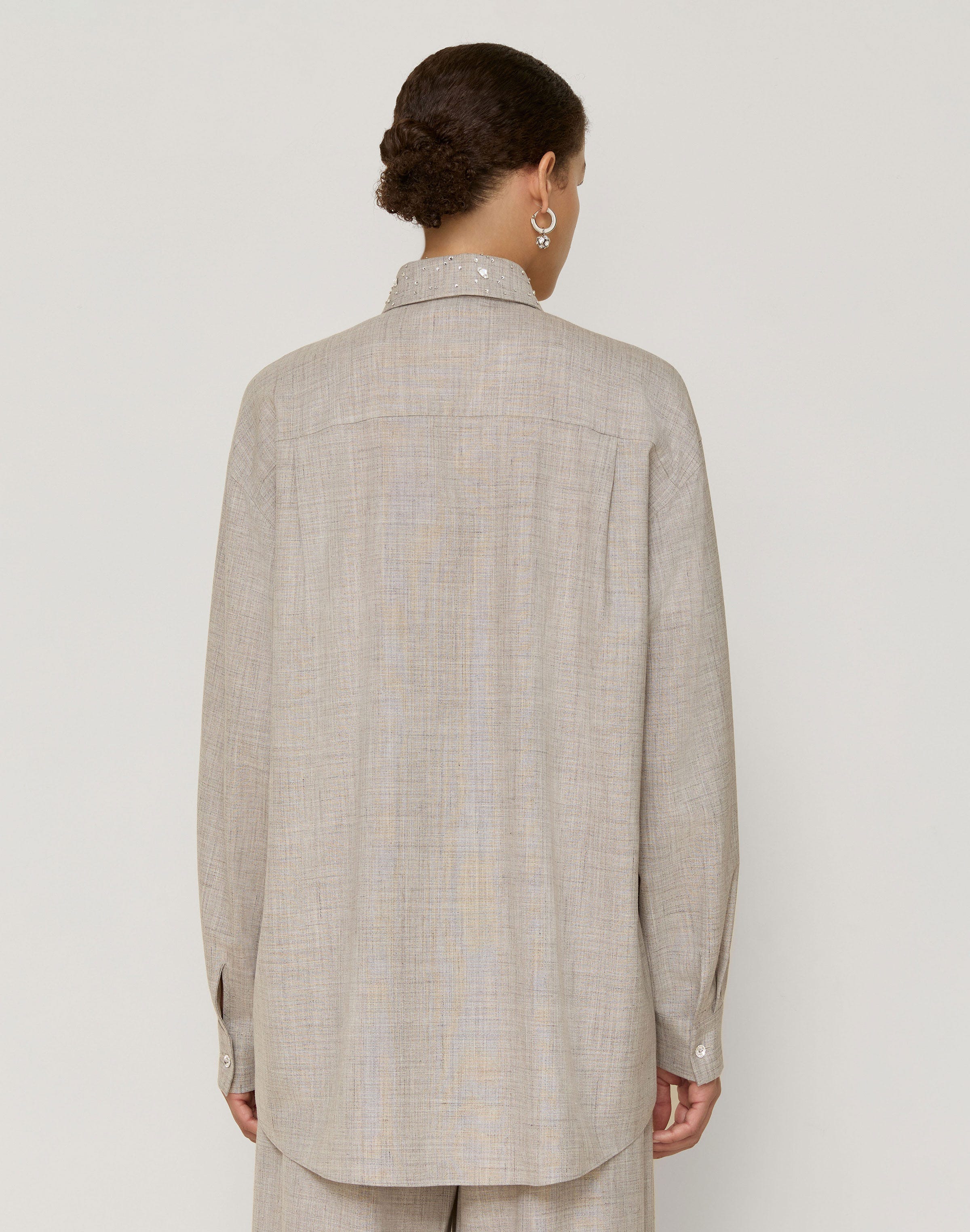 Plus-Size Tropical Wool-Silk Crystal Embellished Collar Oversized Shirt 