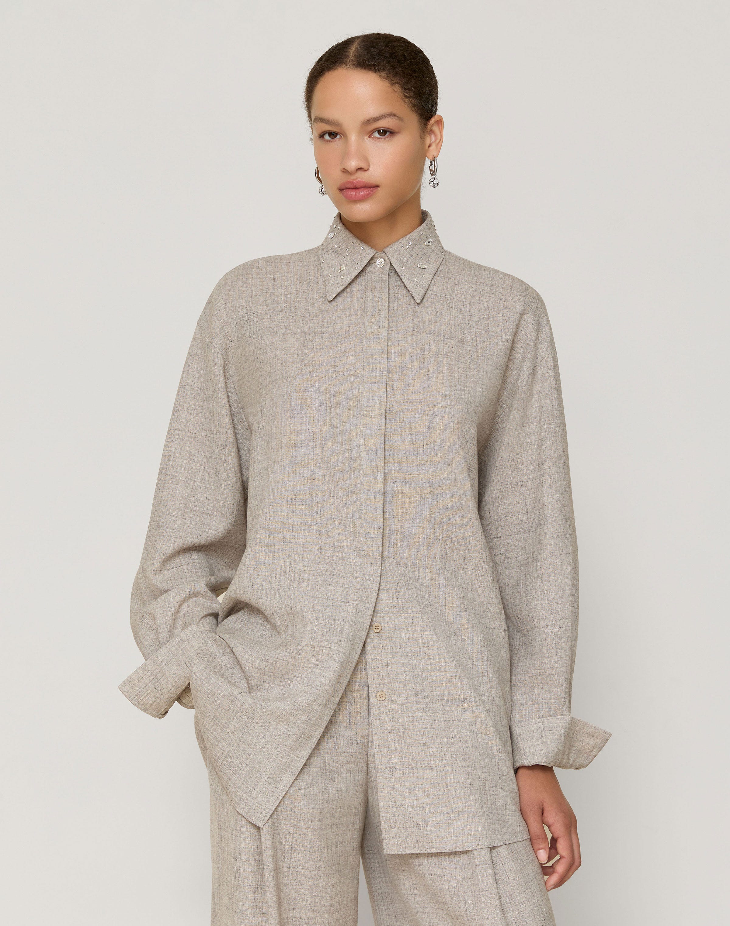 Plus-Size Tropical Wool-Silk Crystal Embellished Collar Oversized Shirt 
